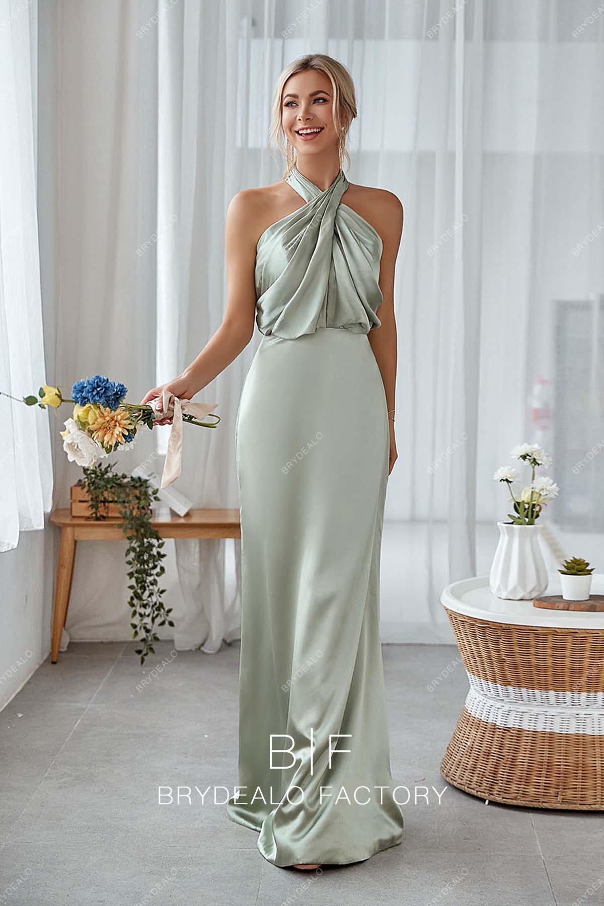 Sage Ruched Halter Charmeuse Mermaid Bridesmaid Dress