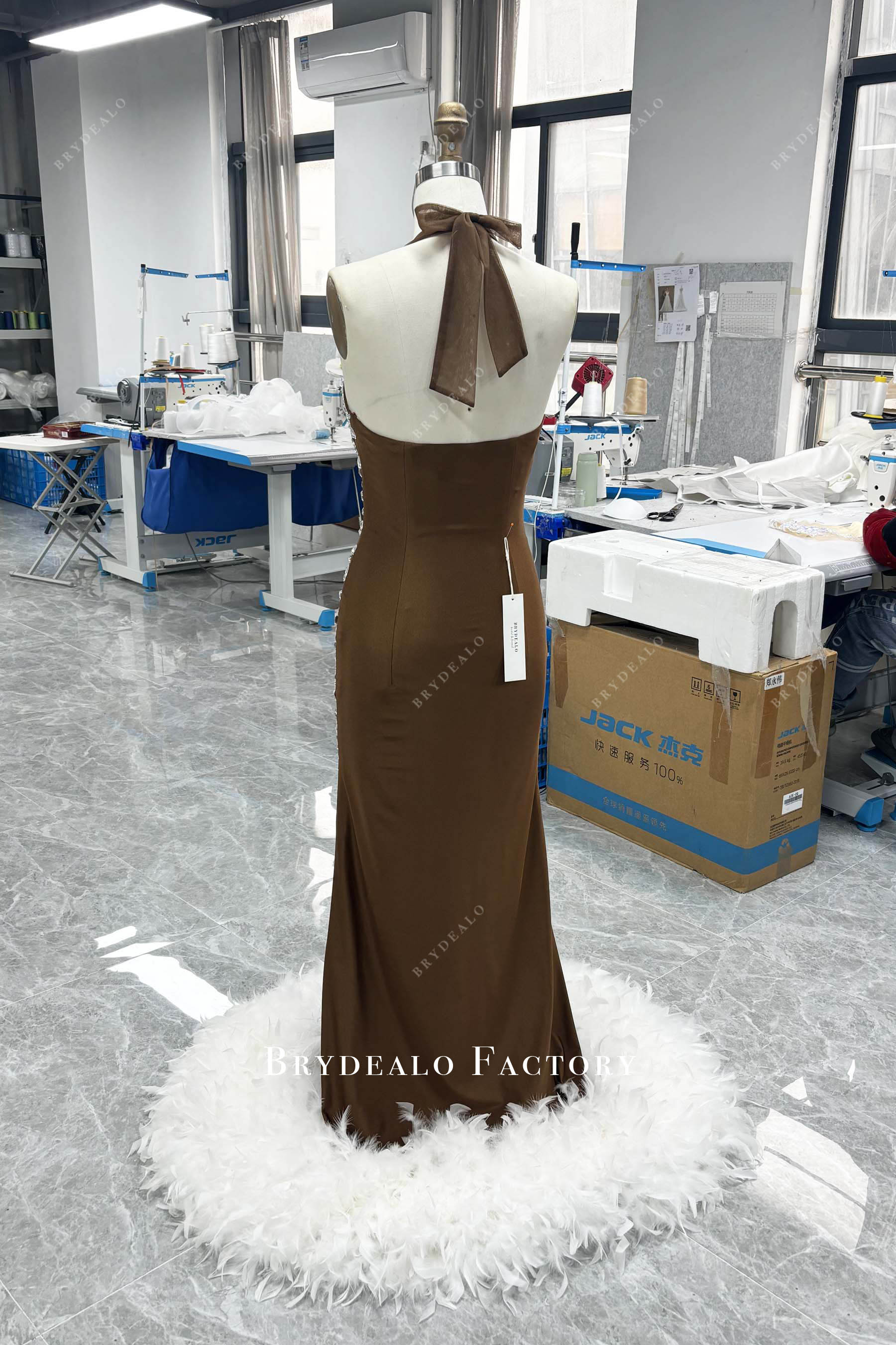 halter neck nude jersey feather formal dress