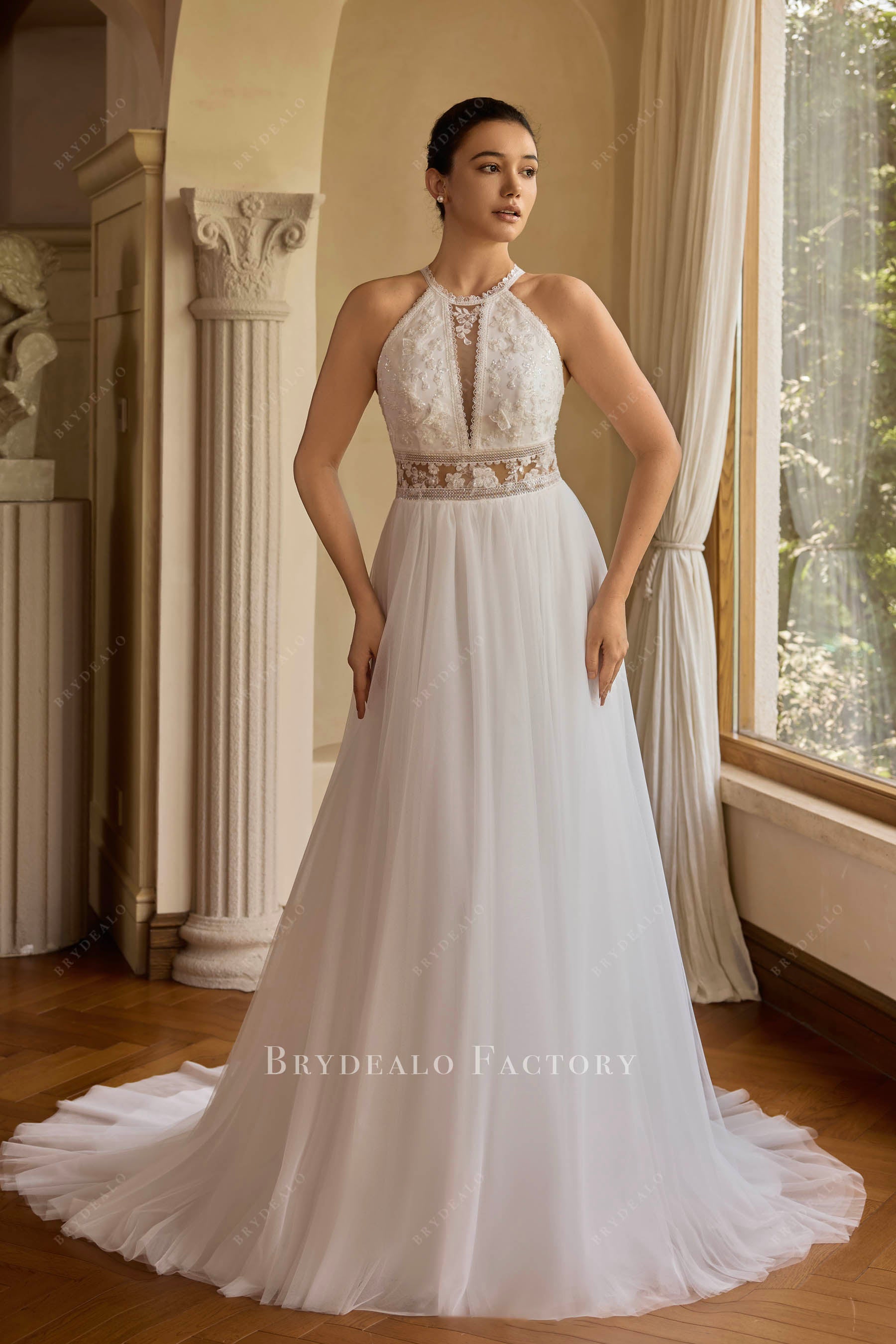 halter neck tulle A-line wedding dress