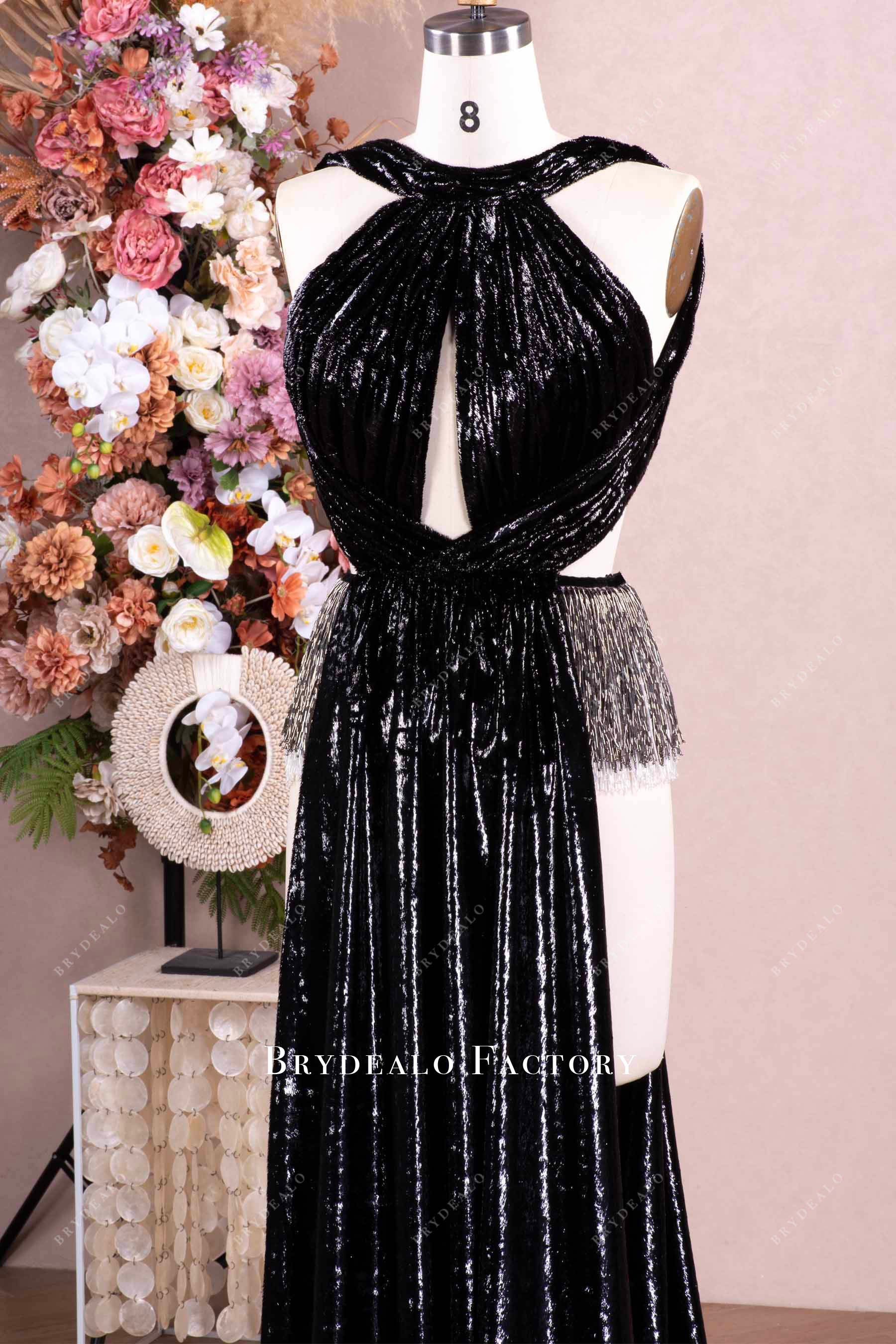 halter pleated silk velvet evening dress