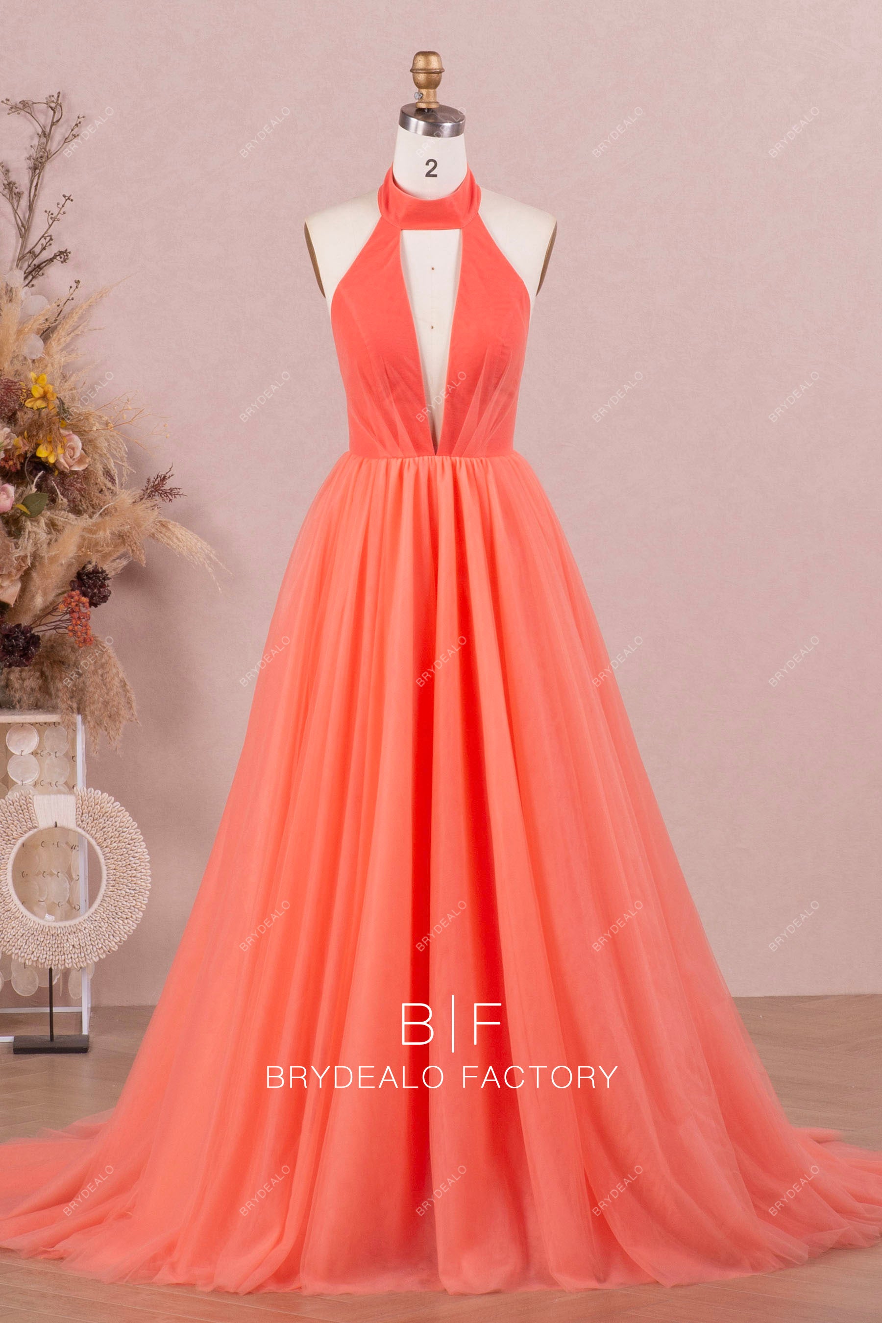 Elegant Watermelon Halter Puffy Tulle Prom Formal Dress Elegant Watermelon Halter Puffy Tulle Prom Formal Dress