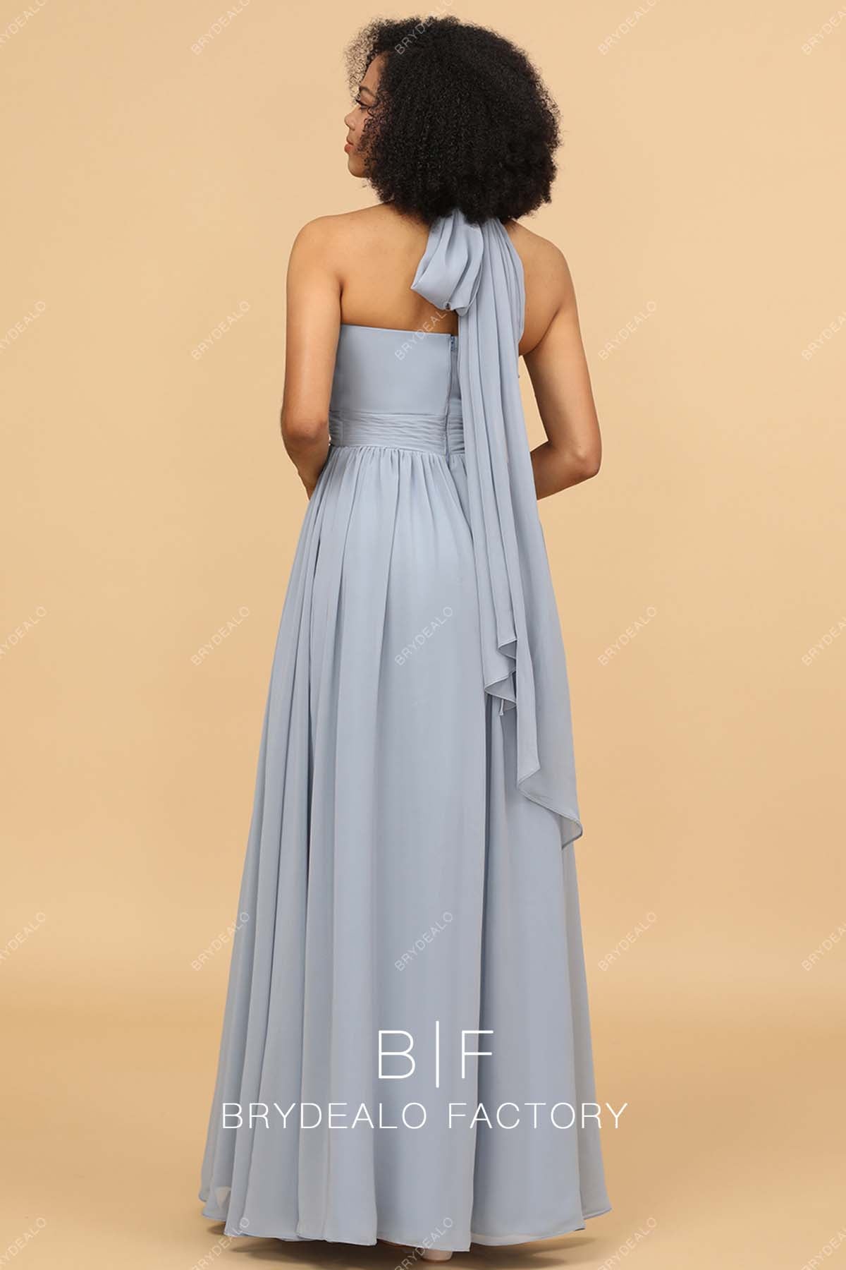 halter strap floor length gray bridesmaid gown