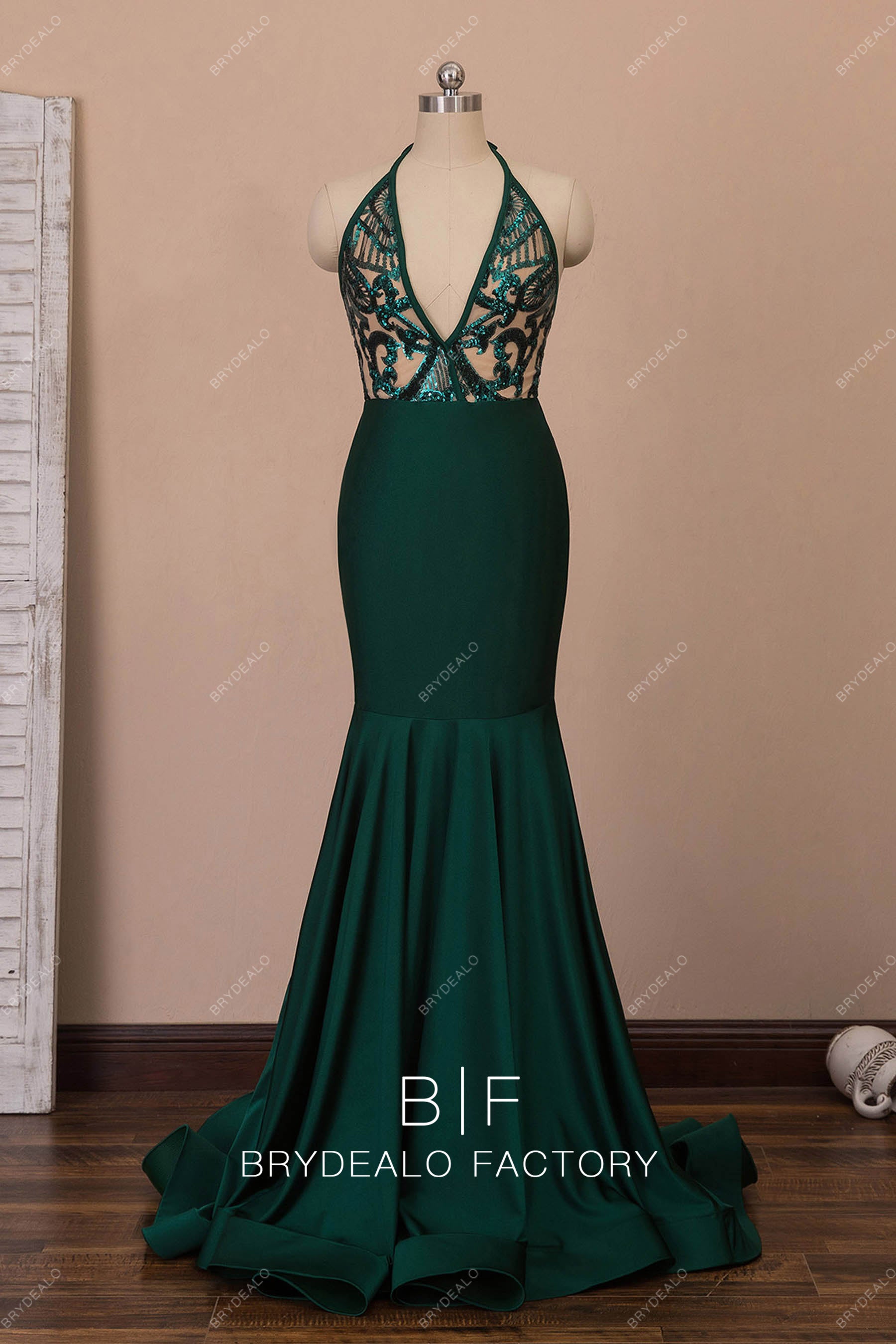 chinese dress ladies Black Sequin Halter V-Neck Mermaid Sweep Train Prom Dresses, CP0098 US4 / As Pic main image 1