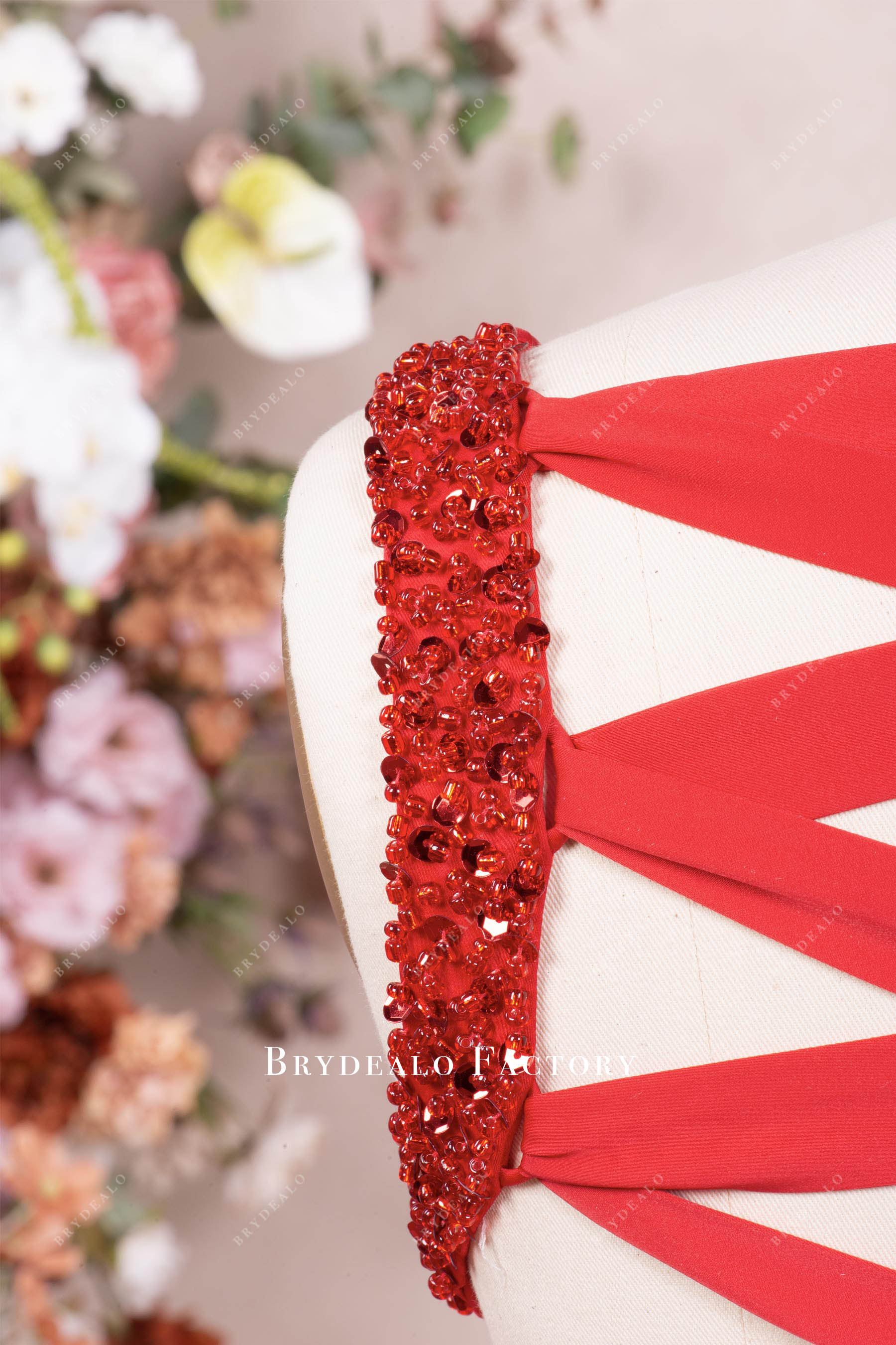 hand-sewn beading straps red prom dress