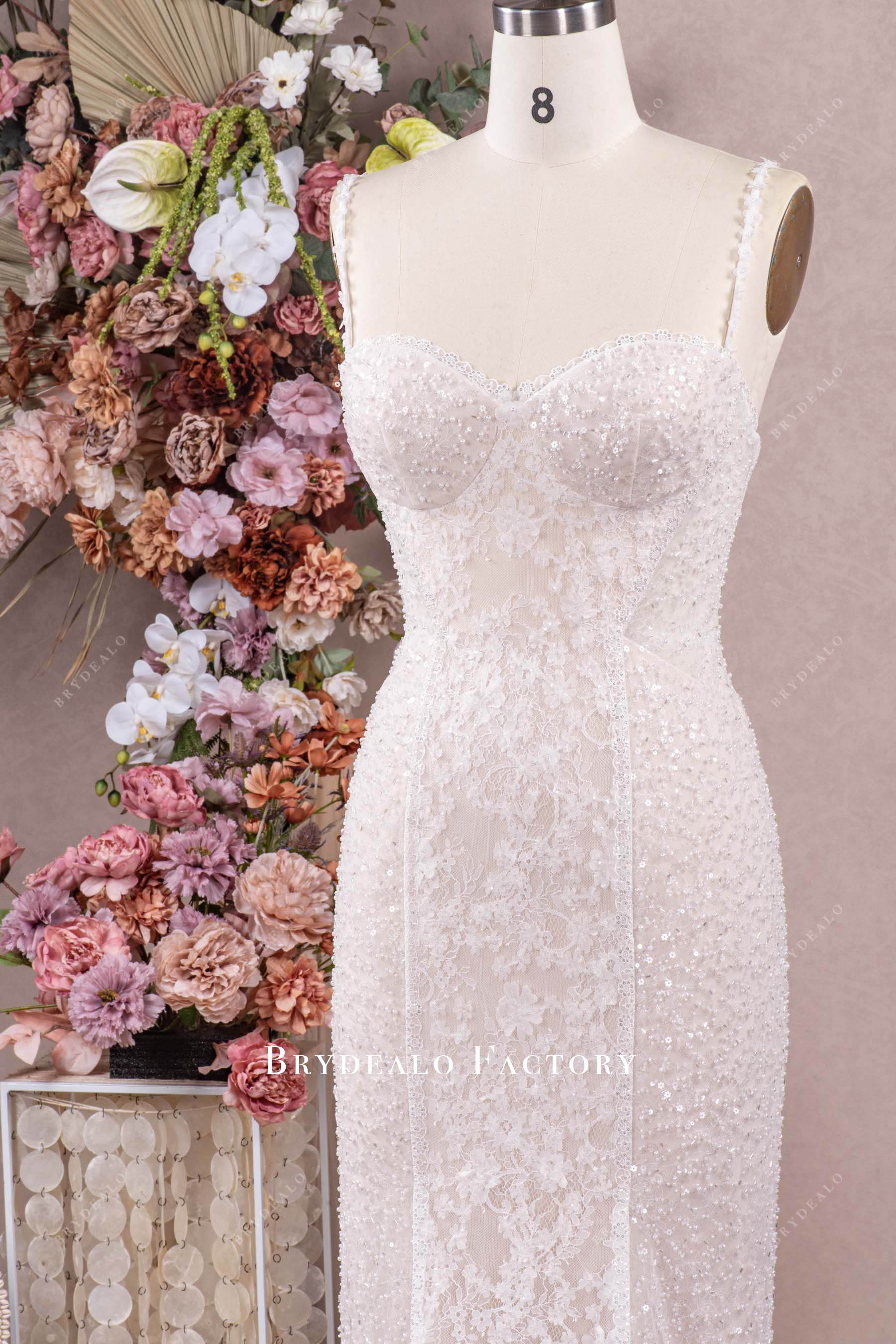 hand-sewn flower straps wedding dress