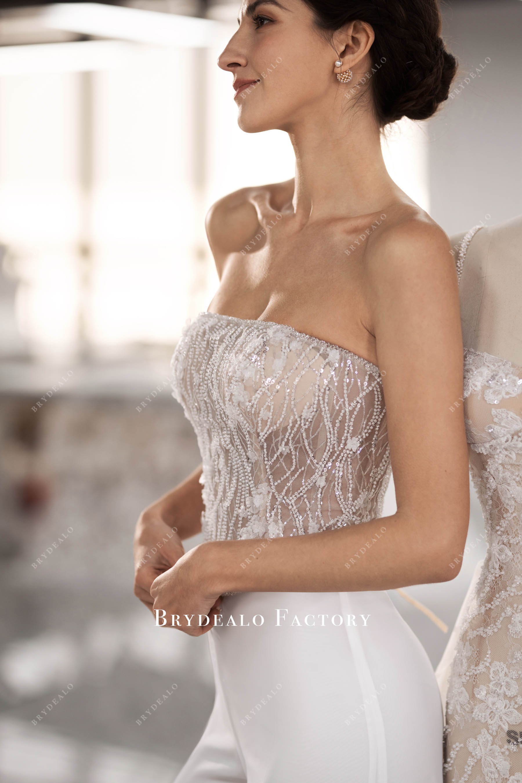 hand-sewn flowers strapless bridal top