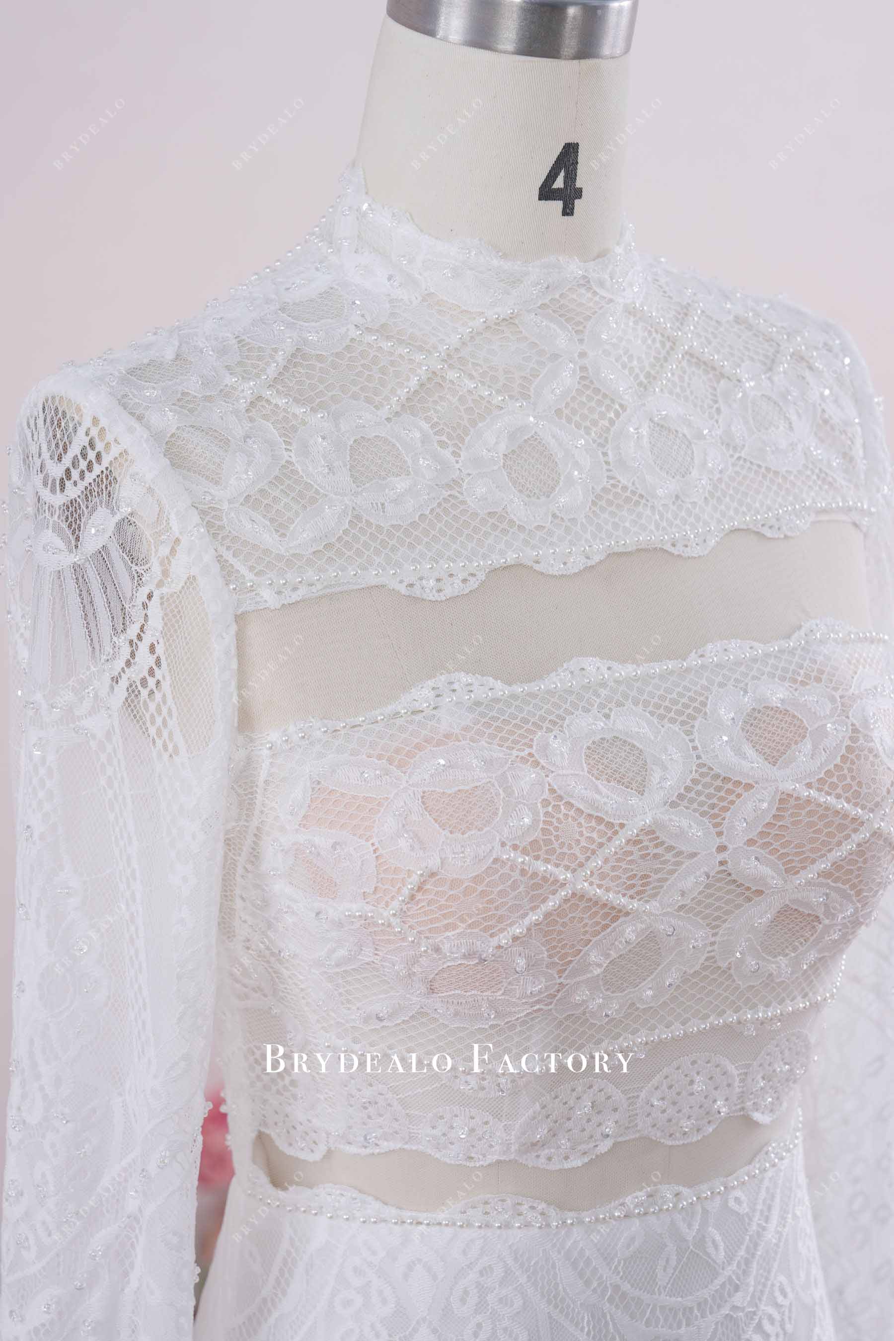 hand-sewn pearl boho lace wedding dress