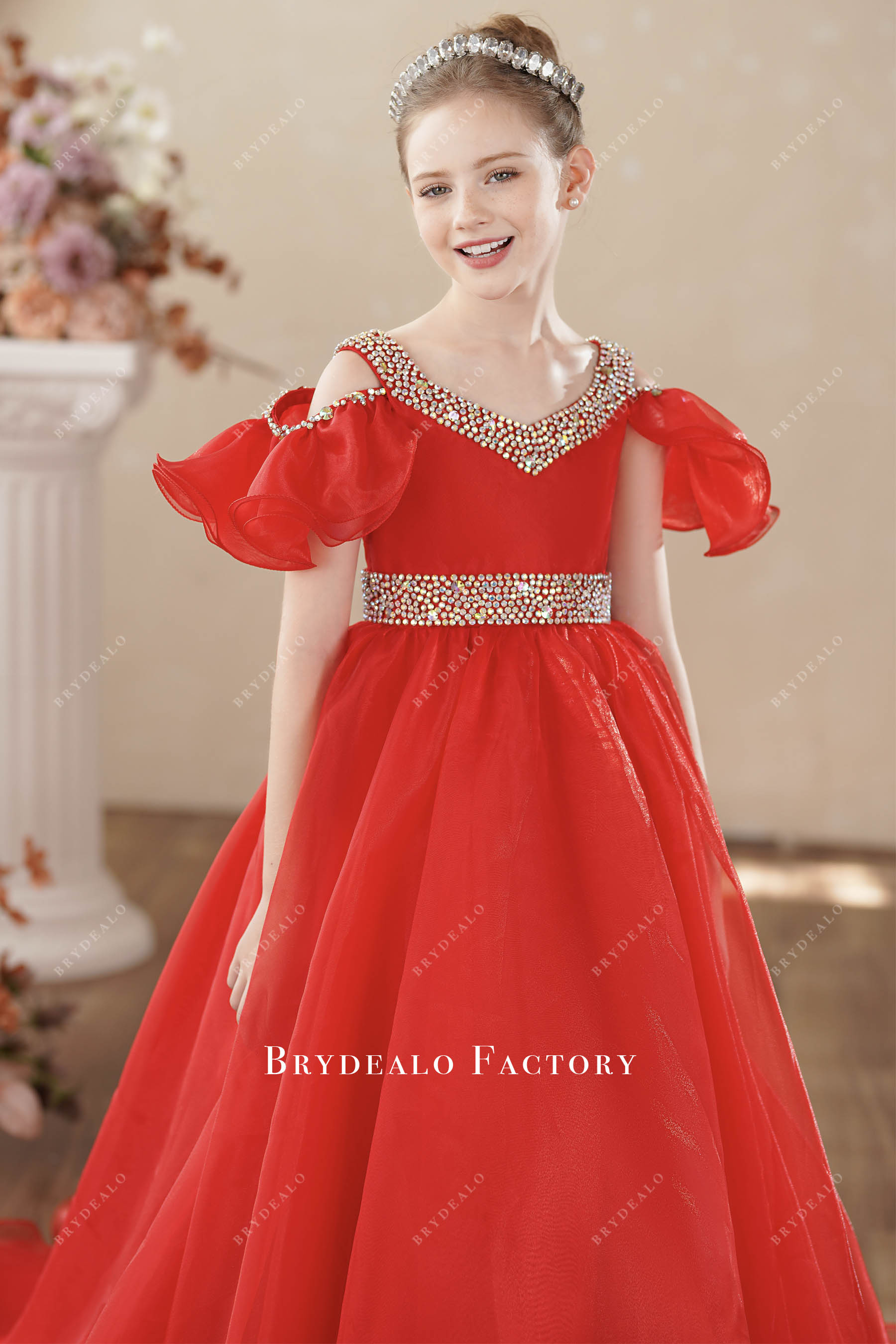 hand-sewn rhinestone v-neck kids gown