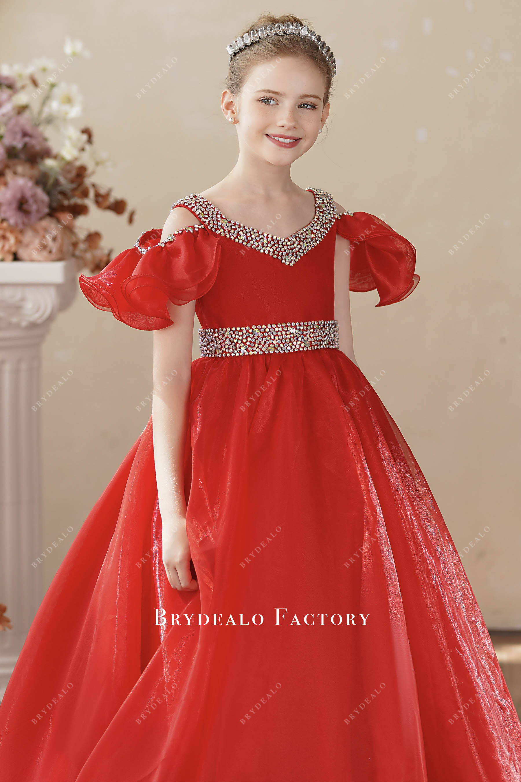 Red Rhinestone V-neck Cold Shoulder Kids Formal Gown Red Rhinestone V-neck Cold Shoulder Kids Formal Gown
