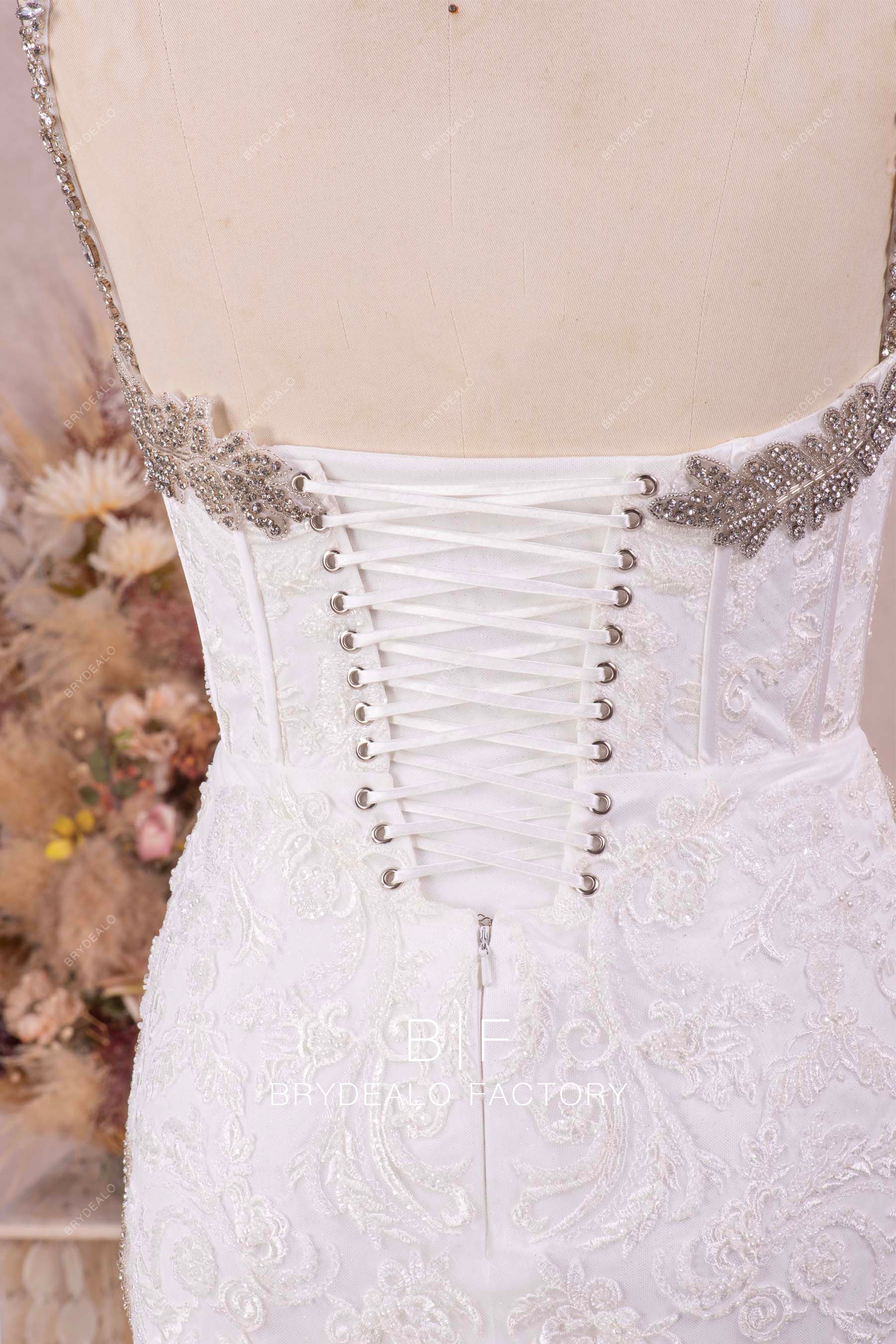 hand-sewn rhinestone lace up back bridal gown