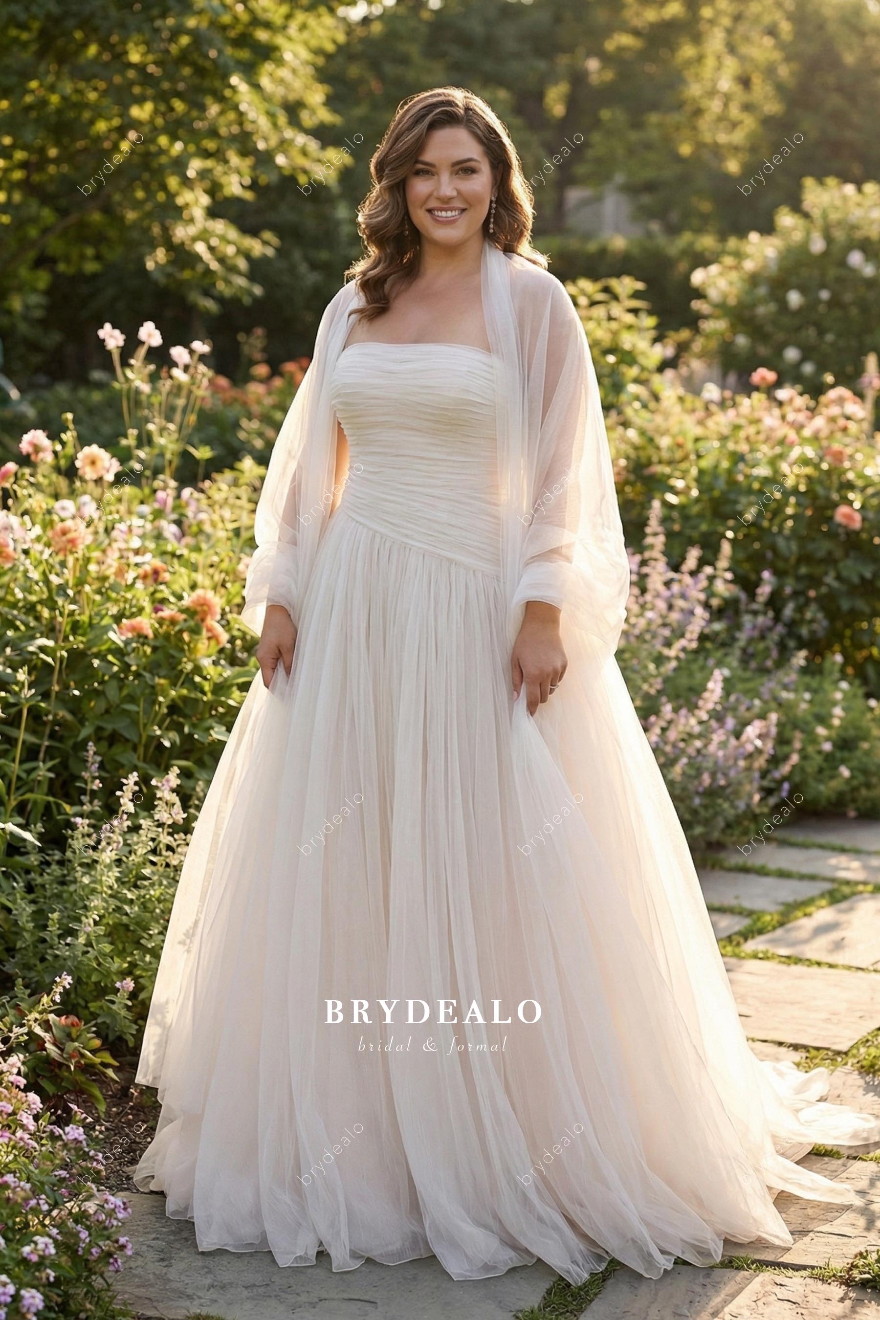 Pleated Strapless Asymmetrical Waist A-Line Shawl Wedding Dress Pleated Strapless Asymmetrical Waist A-Line Shawl Wedding Dress