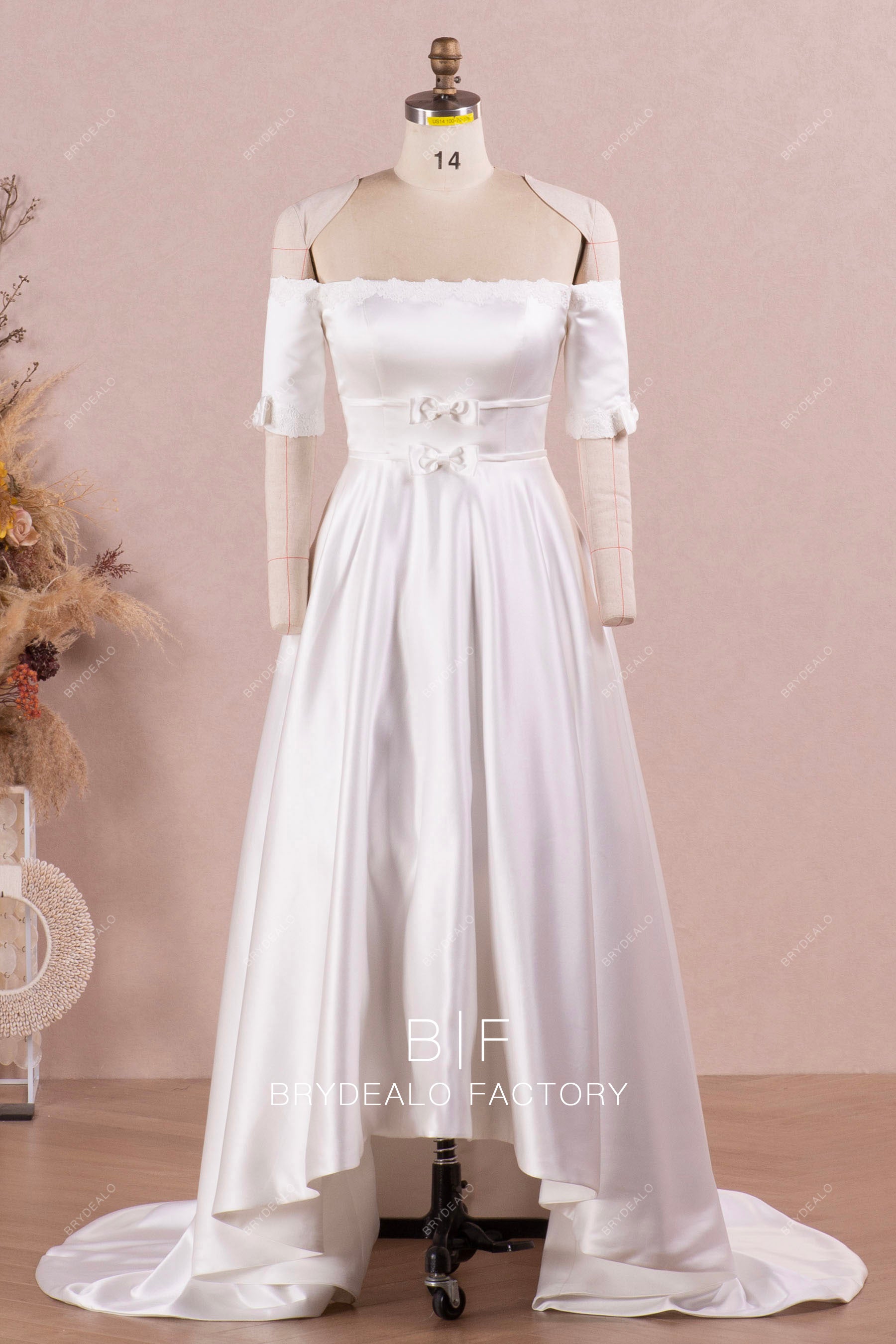 hilo off shoulder satin wedding dress