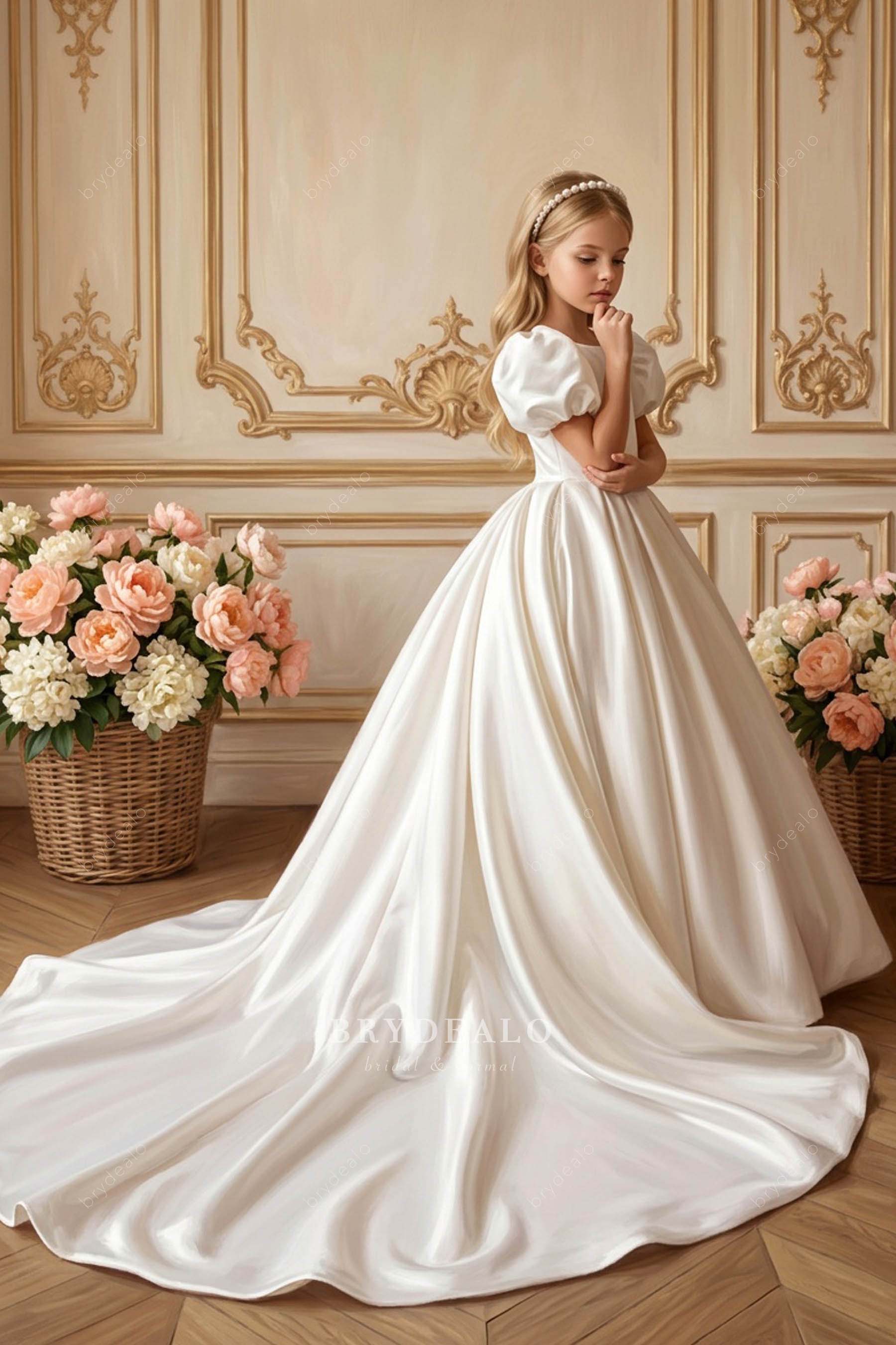 White Elegant Satin Bubble Sleeve First Communion Dress