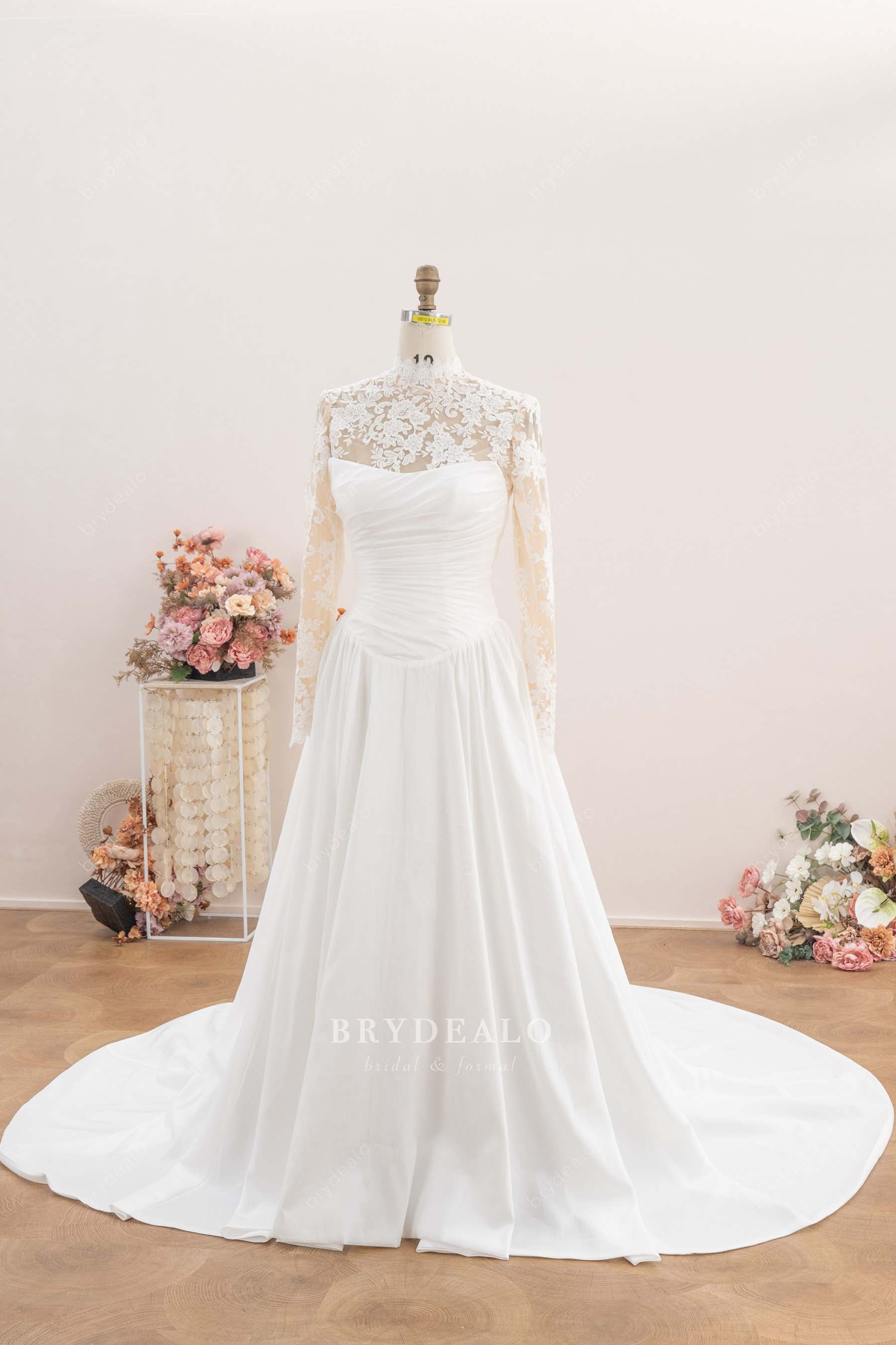 high neck lace satin Aline wedding dress