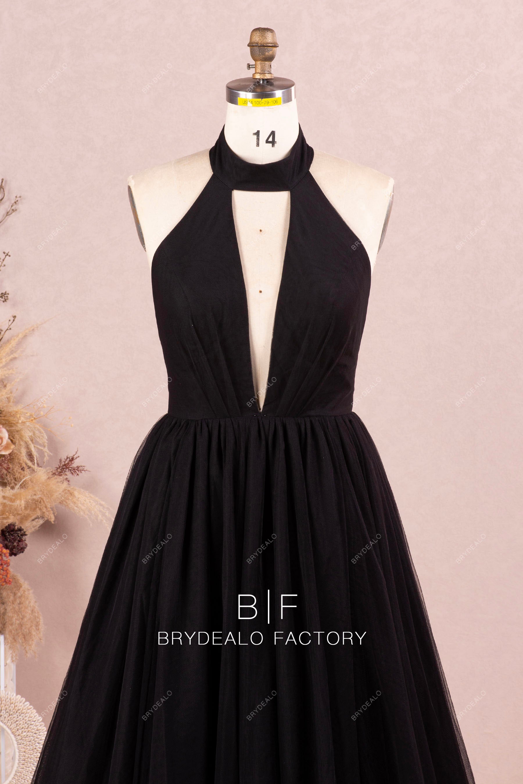 high neck plunging prom dress