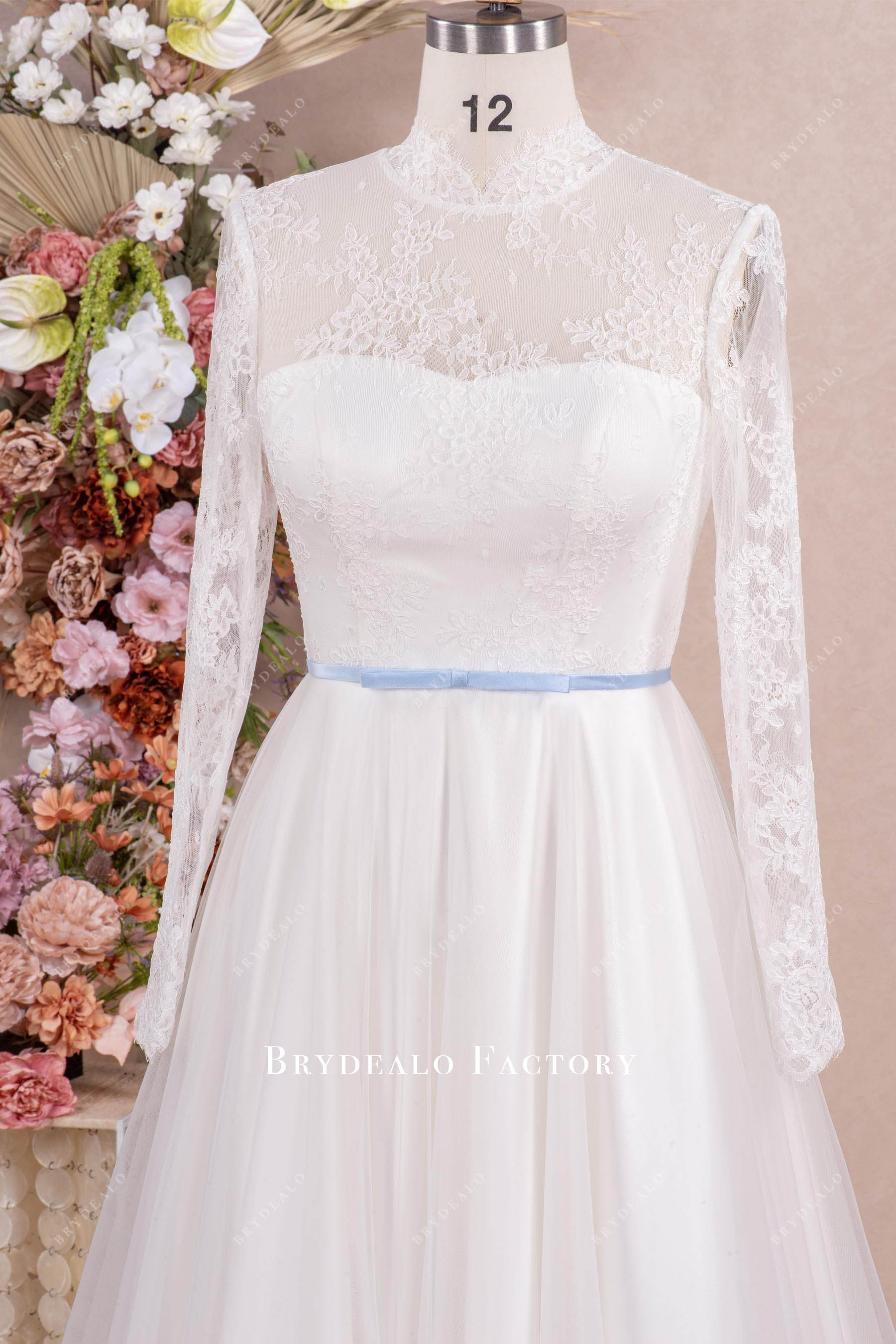 high neck sleeved lace wedding dress