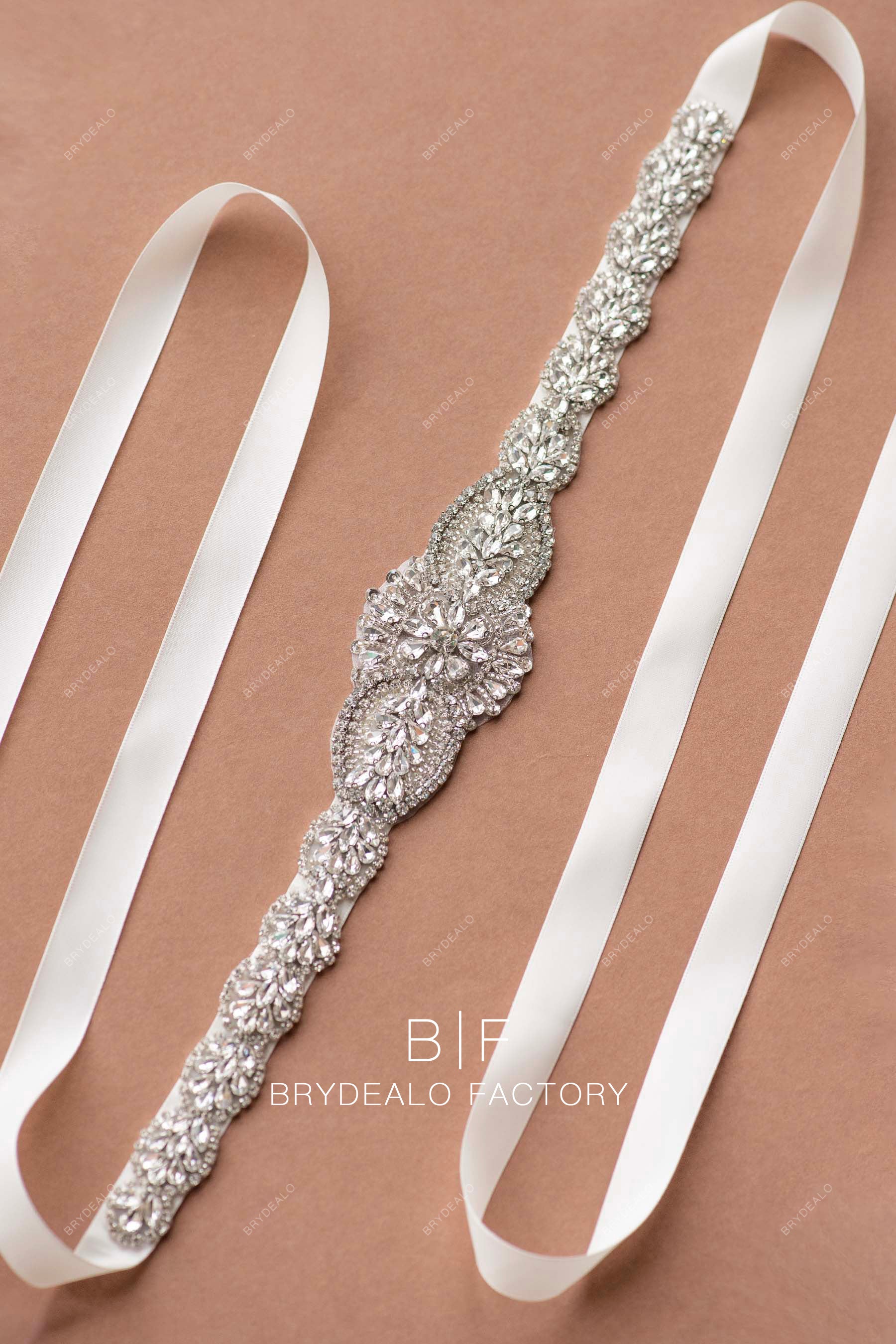 Hand-Sewn Silver Rhinestone Wedding Dress Belt with Ribbon Hand-Sewn Silver Rhinestone Wedding Dress Belt with Ribbon
