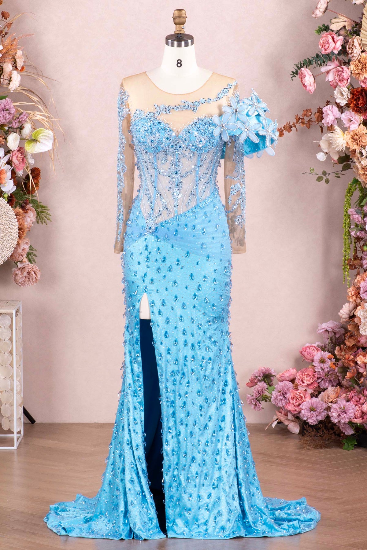 high slit blue crystal prom dress