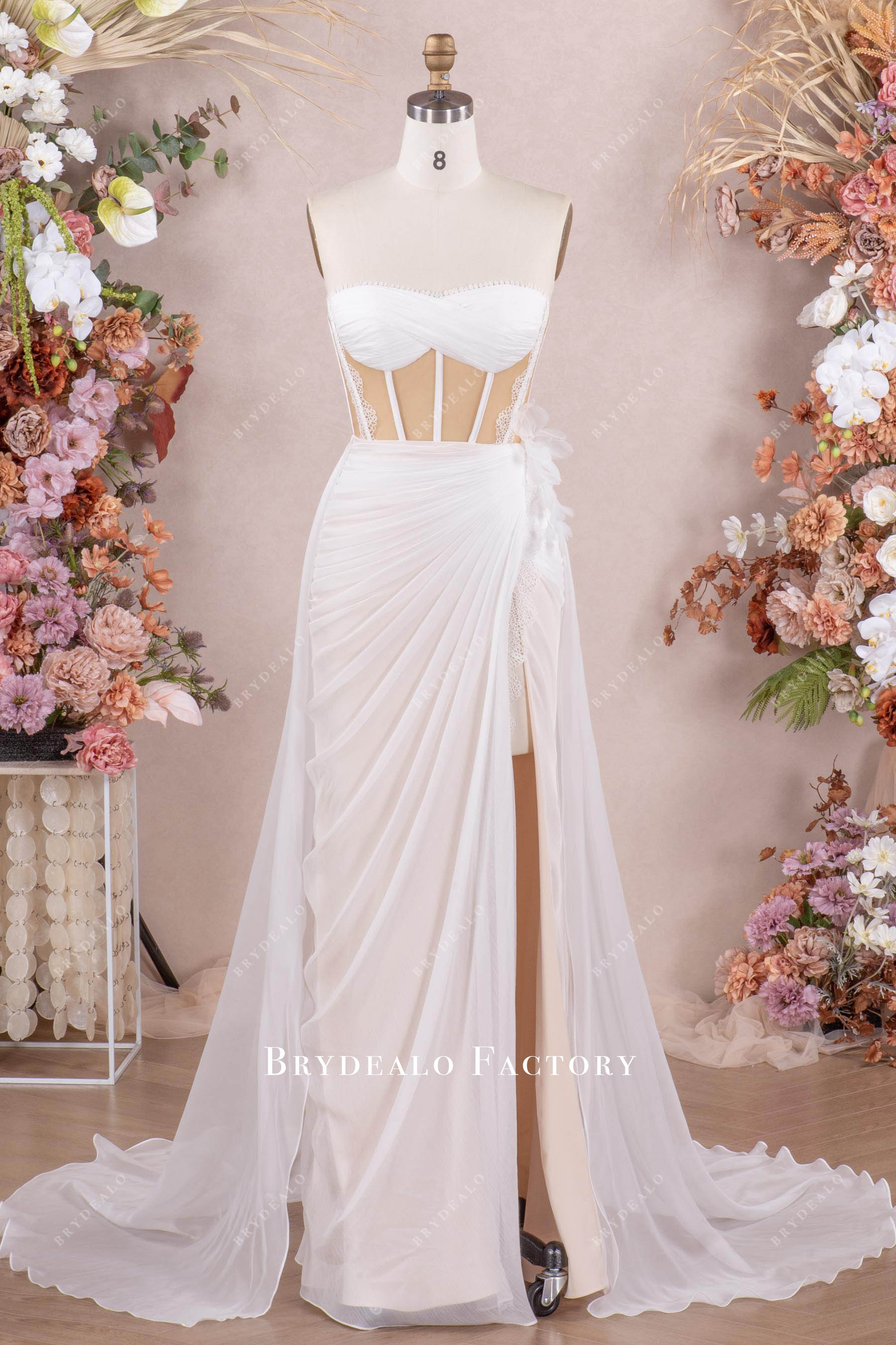Sweetheart Corset High Slit Chiffon Overskirt Beach Wedding Dress