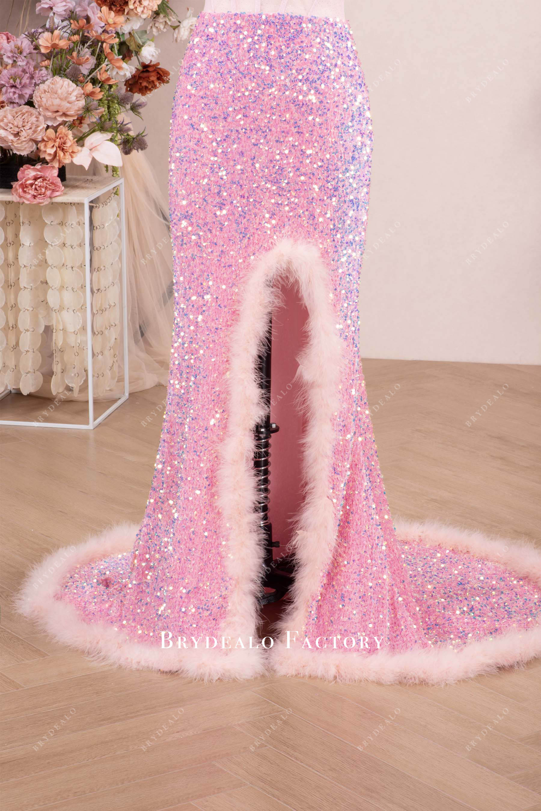 high slit feather prom dress
