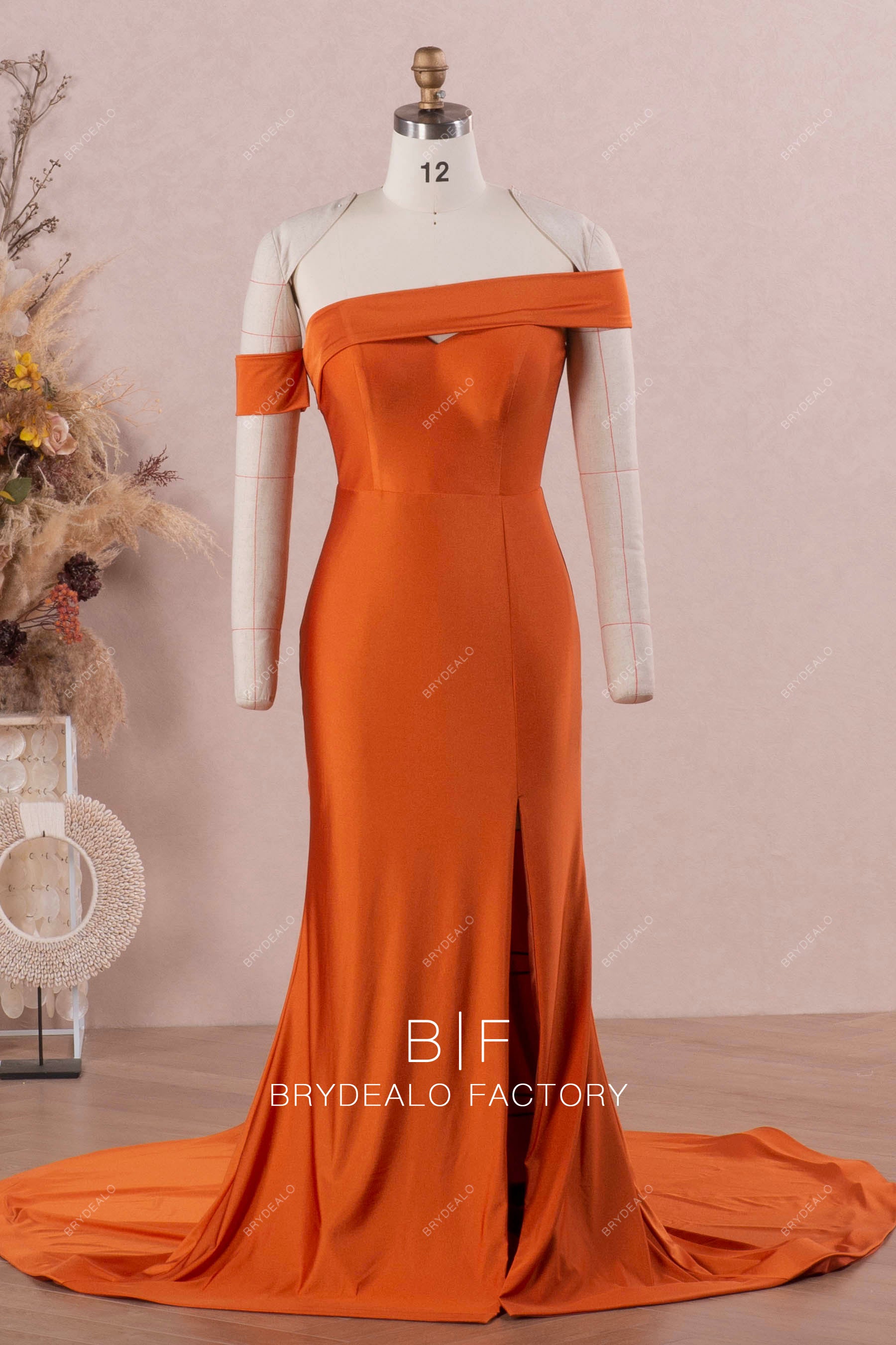 Rusty Detachable Sleeve Slit Jersey Bridesmaid Dress Rusty Detachable Sleeve Slit Jersey Bridesmaid Dress