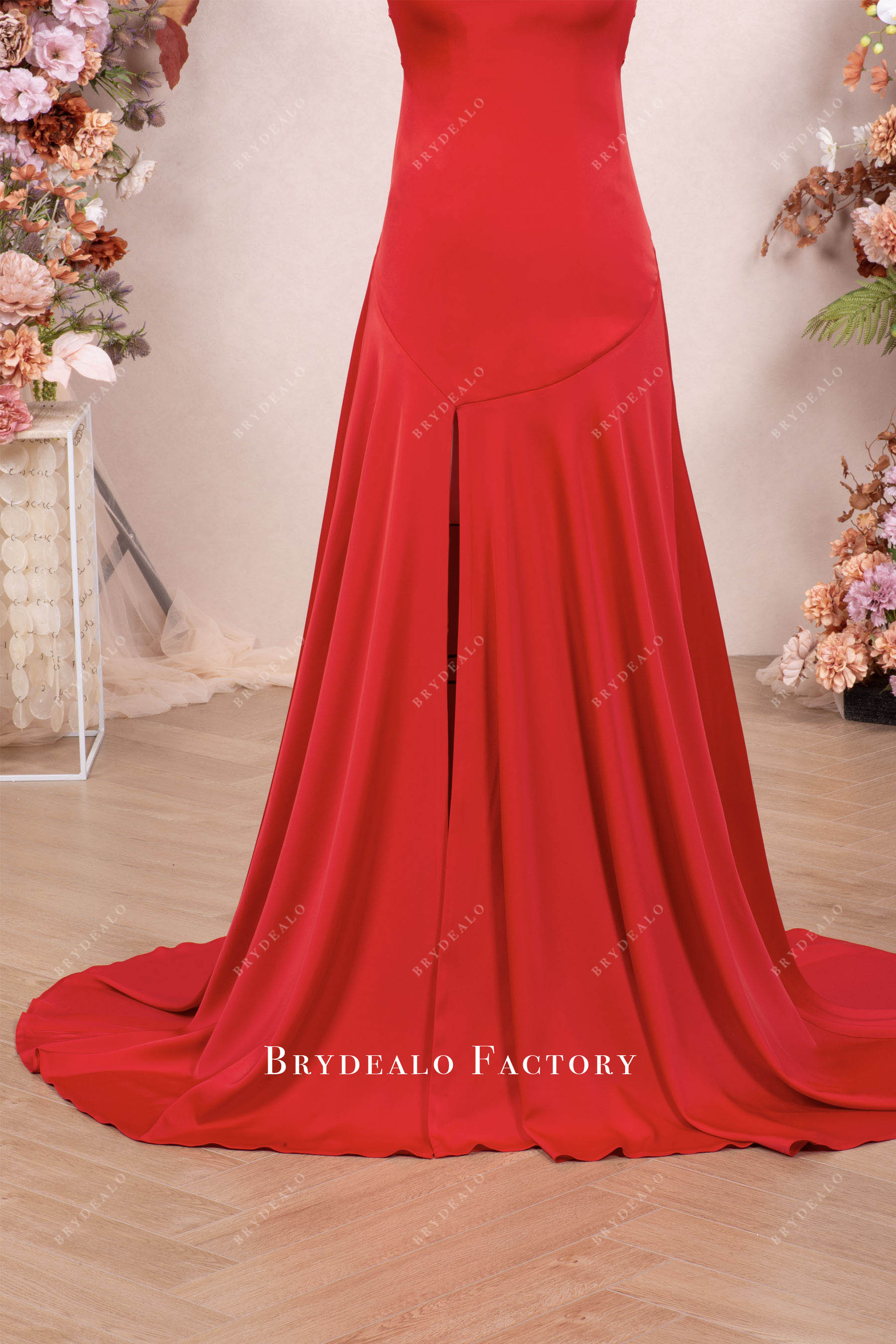 high slit stretchy satin prom dress