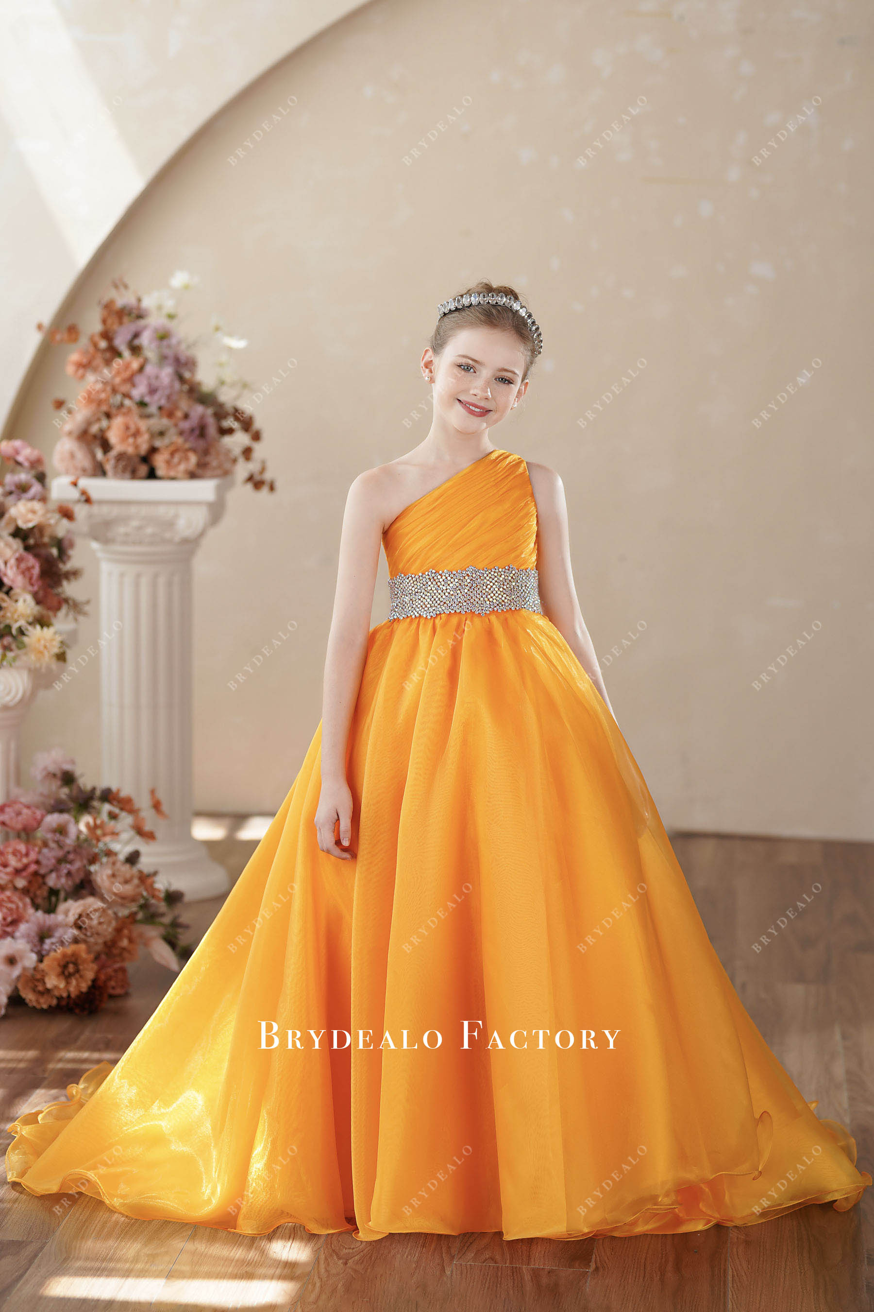 Honey Yellow One Shoulder Rhinestone Waistband Young Girl Pageant Dres