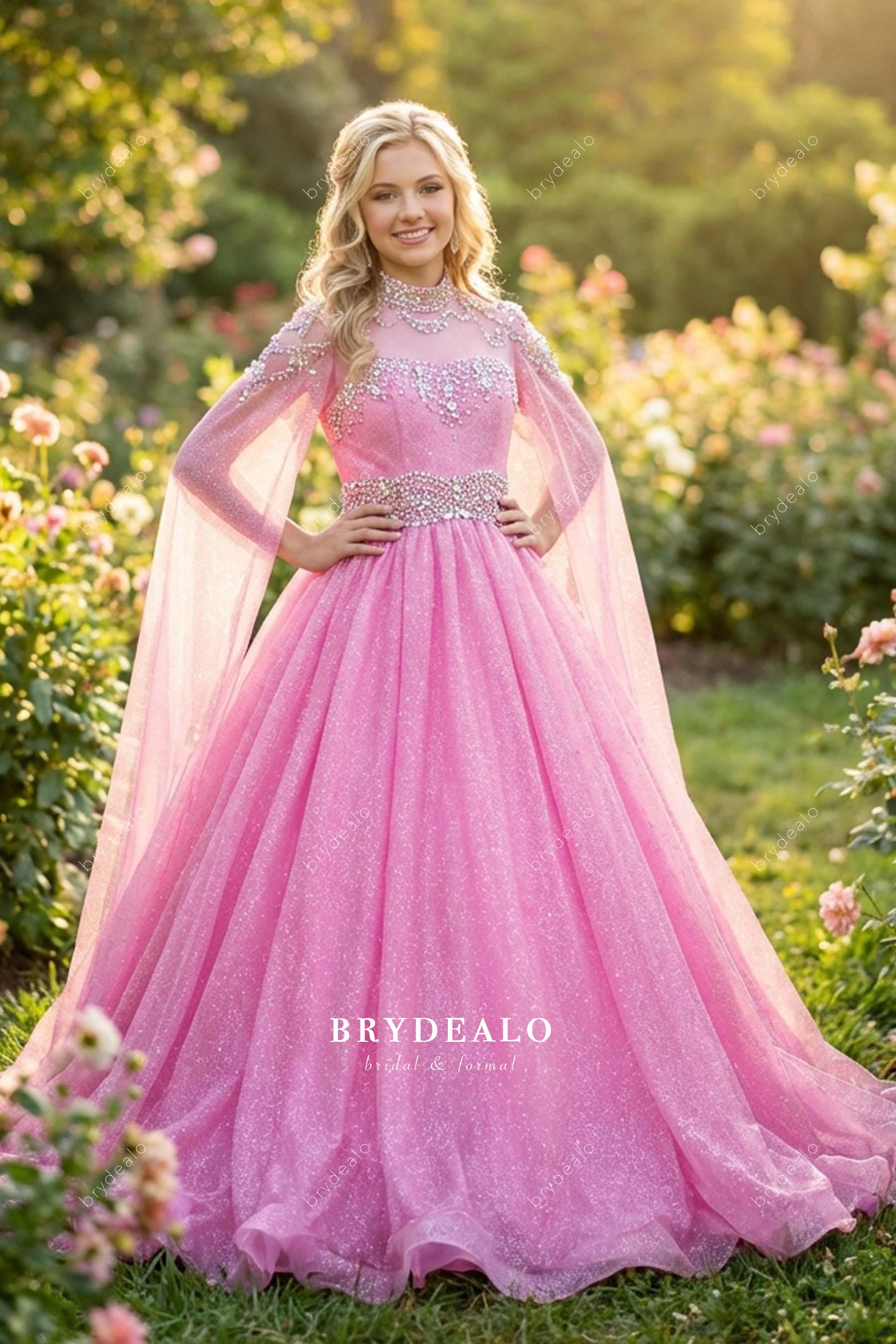hot pink glitter shoulder cape pageant gown