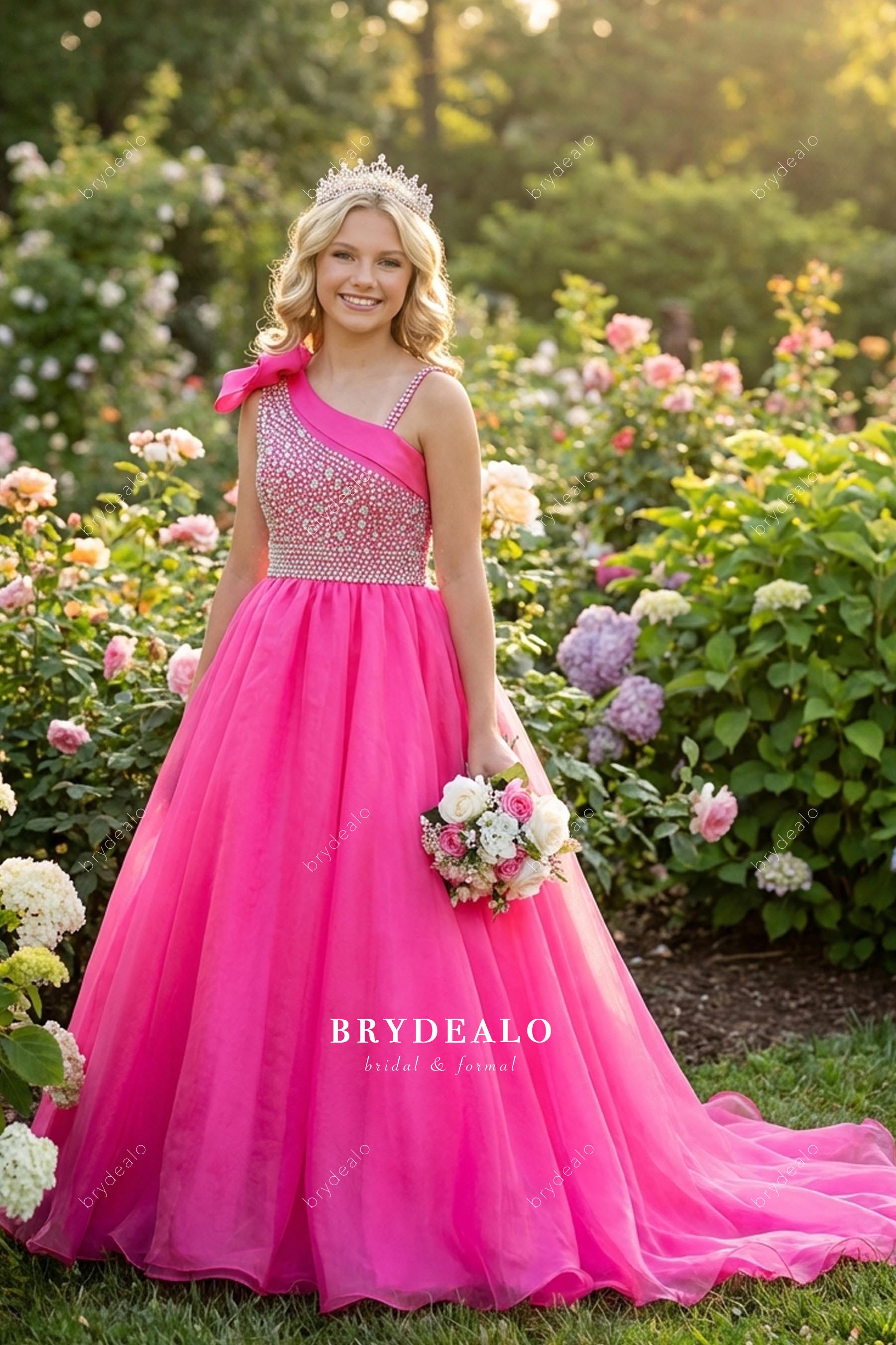 hot pink one-shoulder teen pageant gown