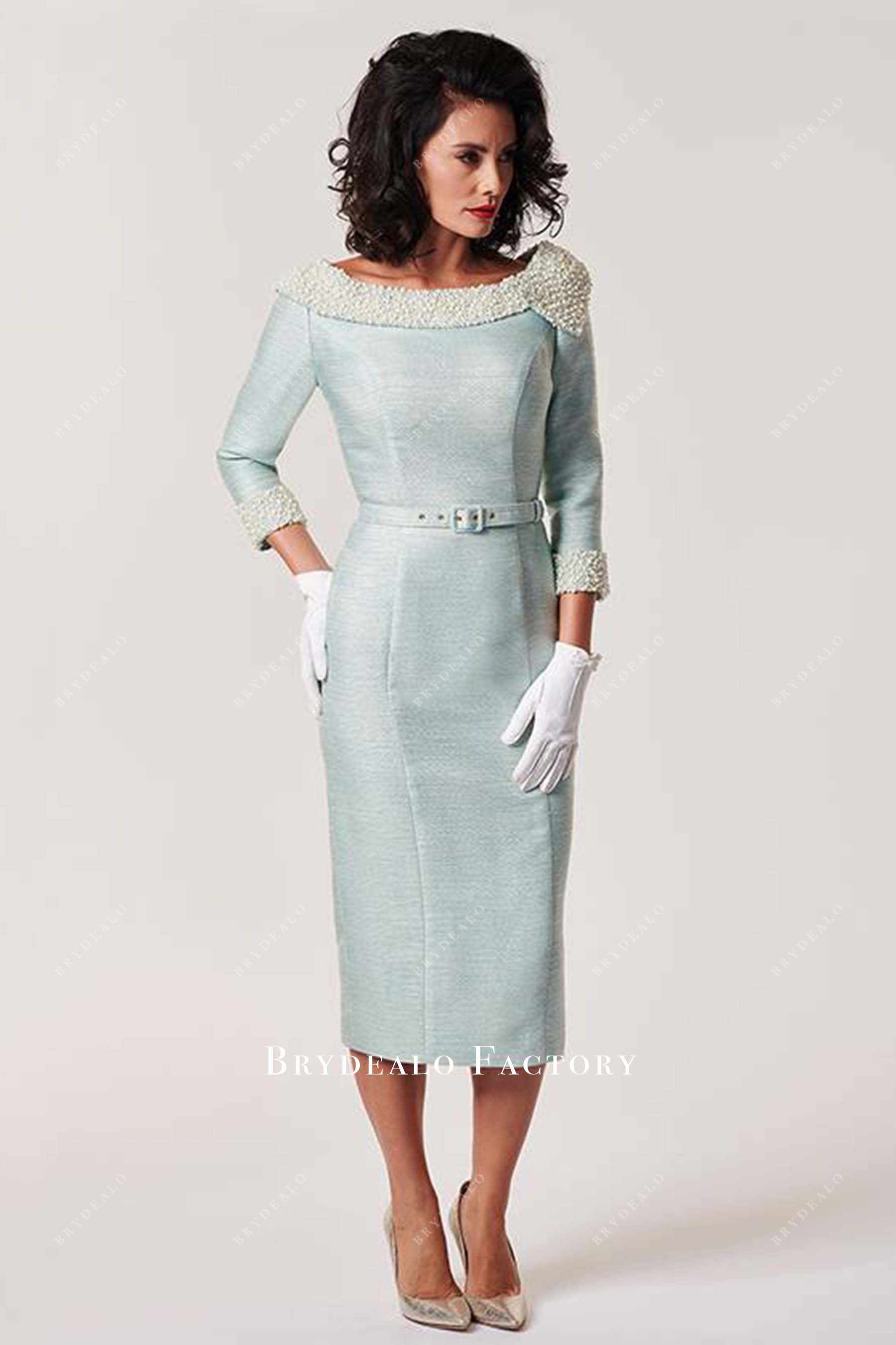 Beaded Ice Blue Tweed 3/4 Sleeves Pencil Mother Of Bride Dress Beaded Ice Blue Tweed 3/4 Sleeves Pencil Mother Of Bride Dress