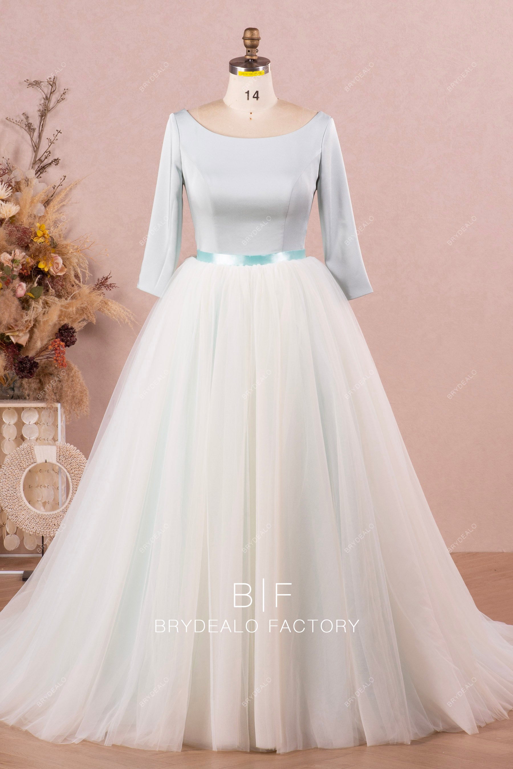 ice blue three quarter sleeve puffy wedding ballgown