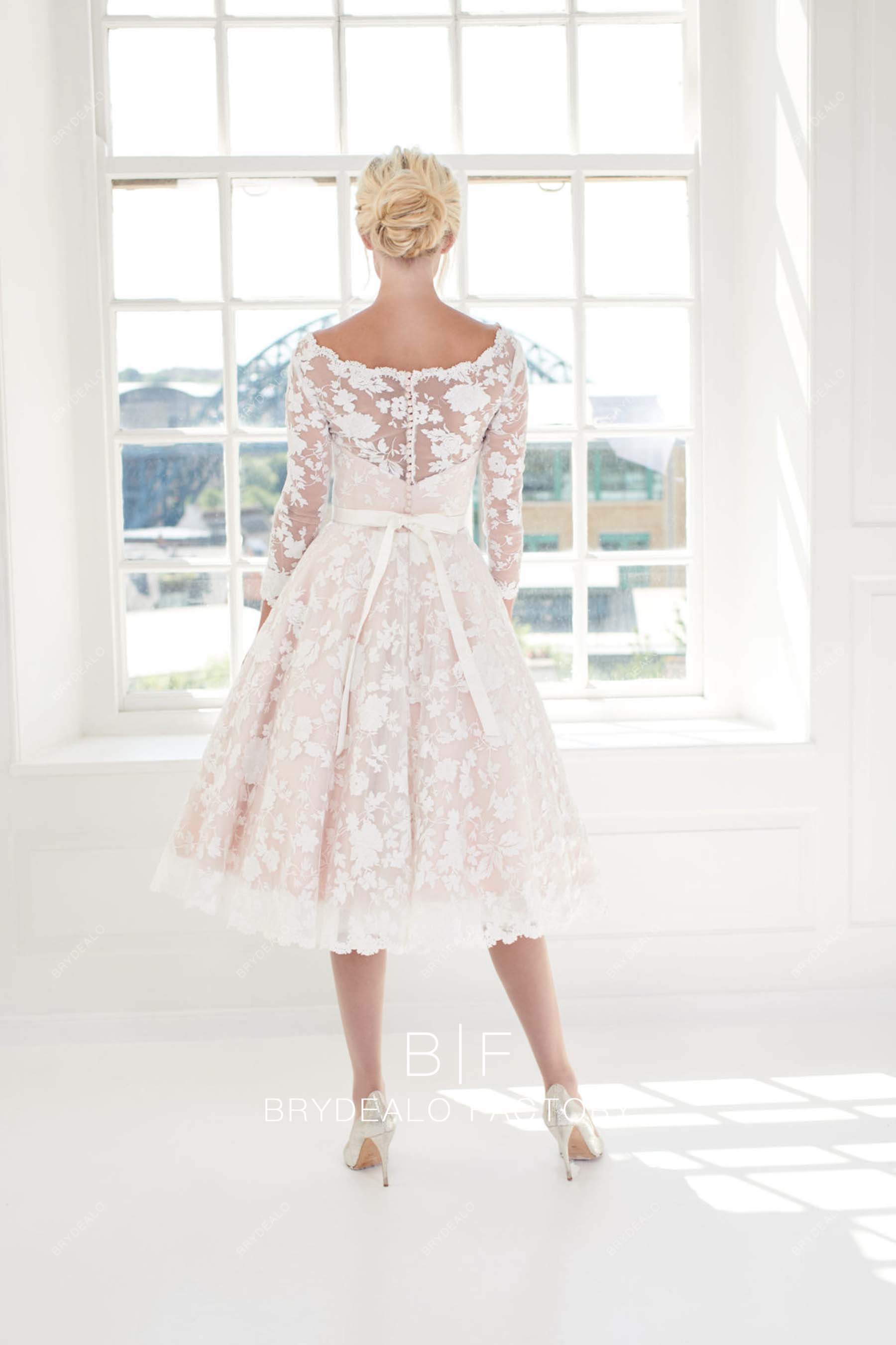 illusion back blush short 1950s bridal dress