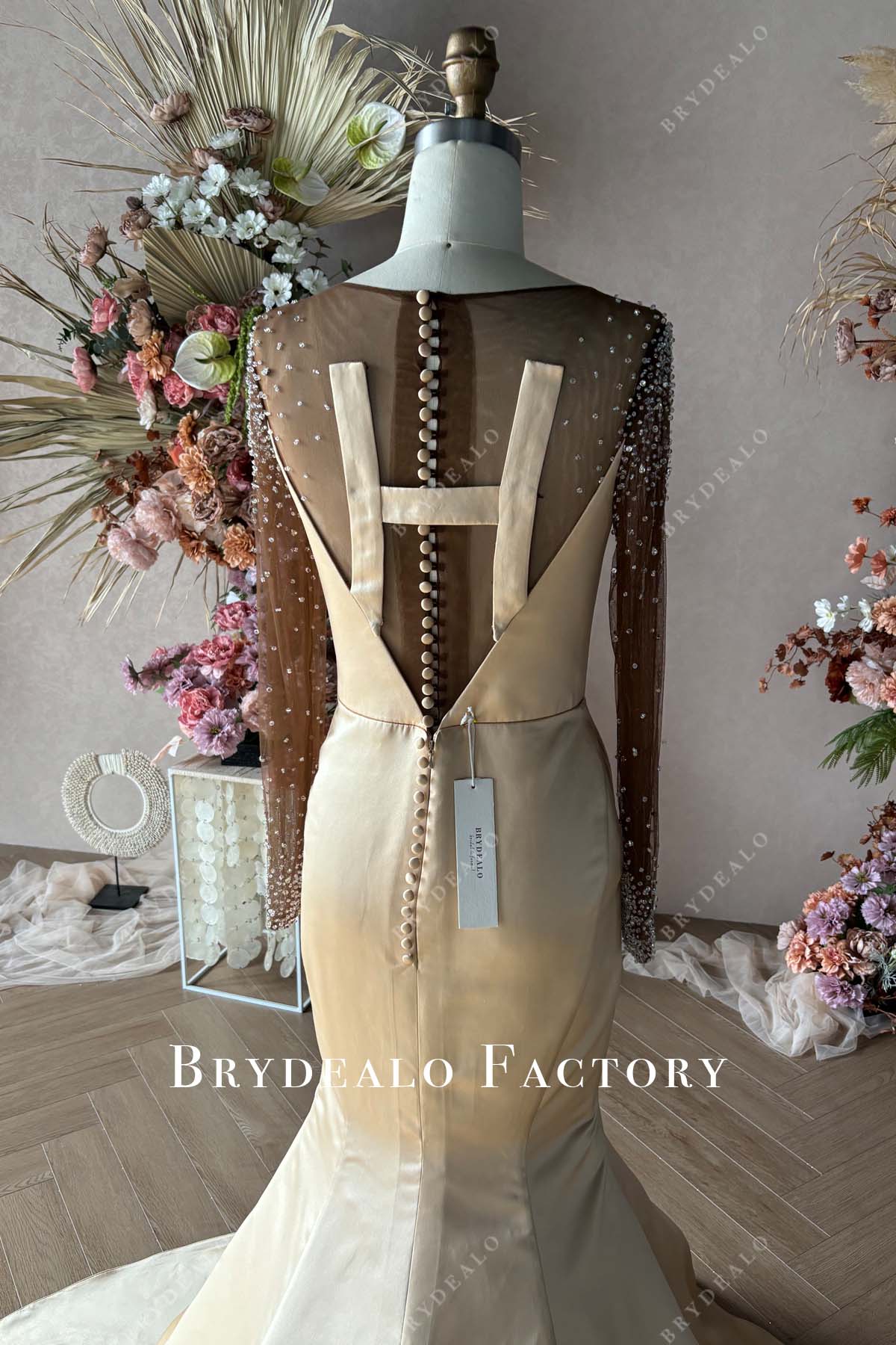 Private Label Custom Rhinestones Gold Satin Trumpet Dress