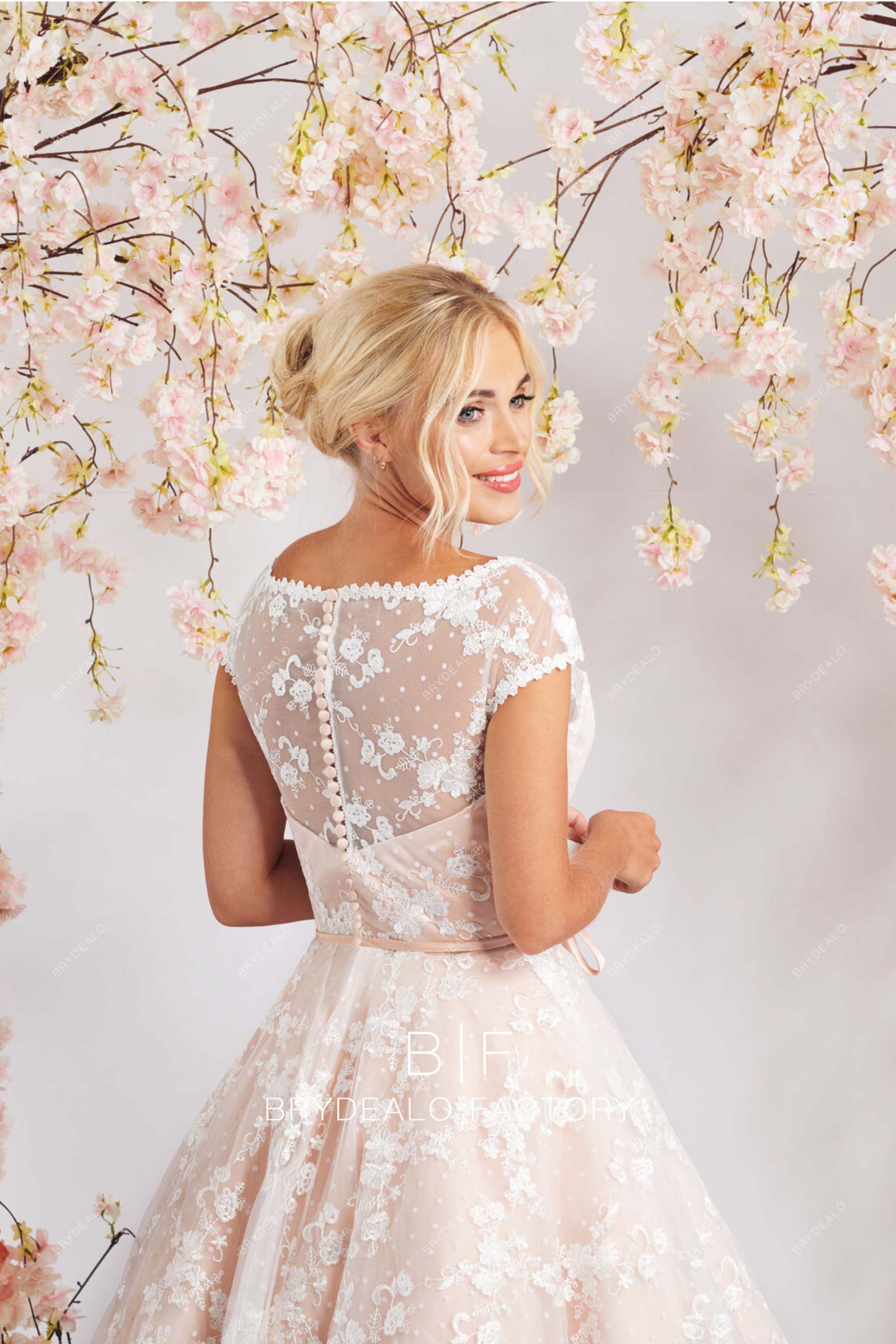 illusion back short sleeves bridal dress