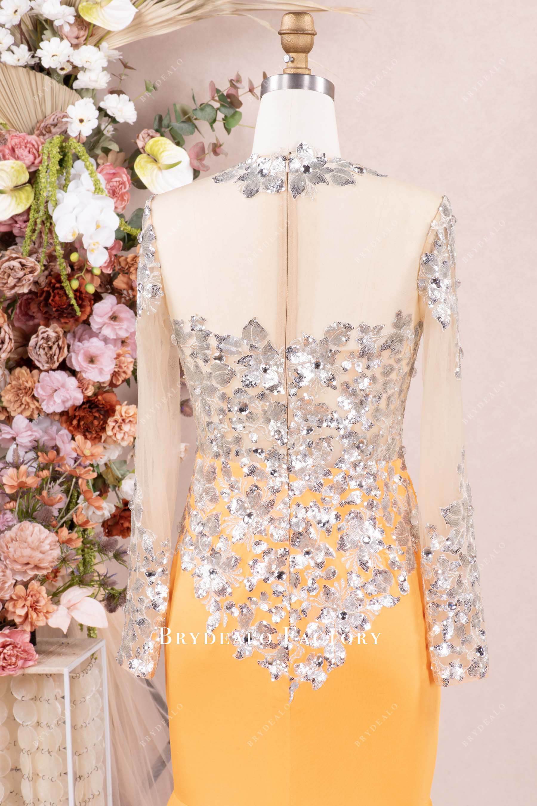 illusion back sleeve d prom dress