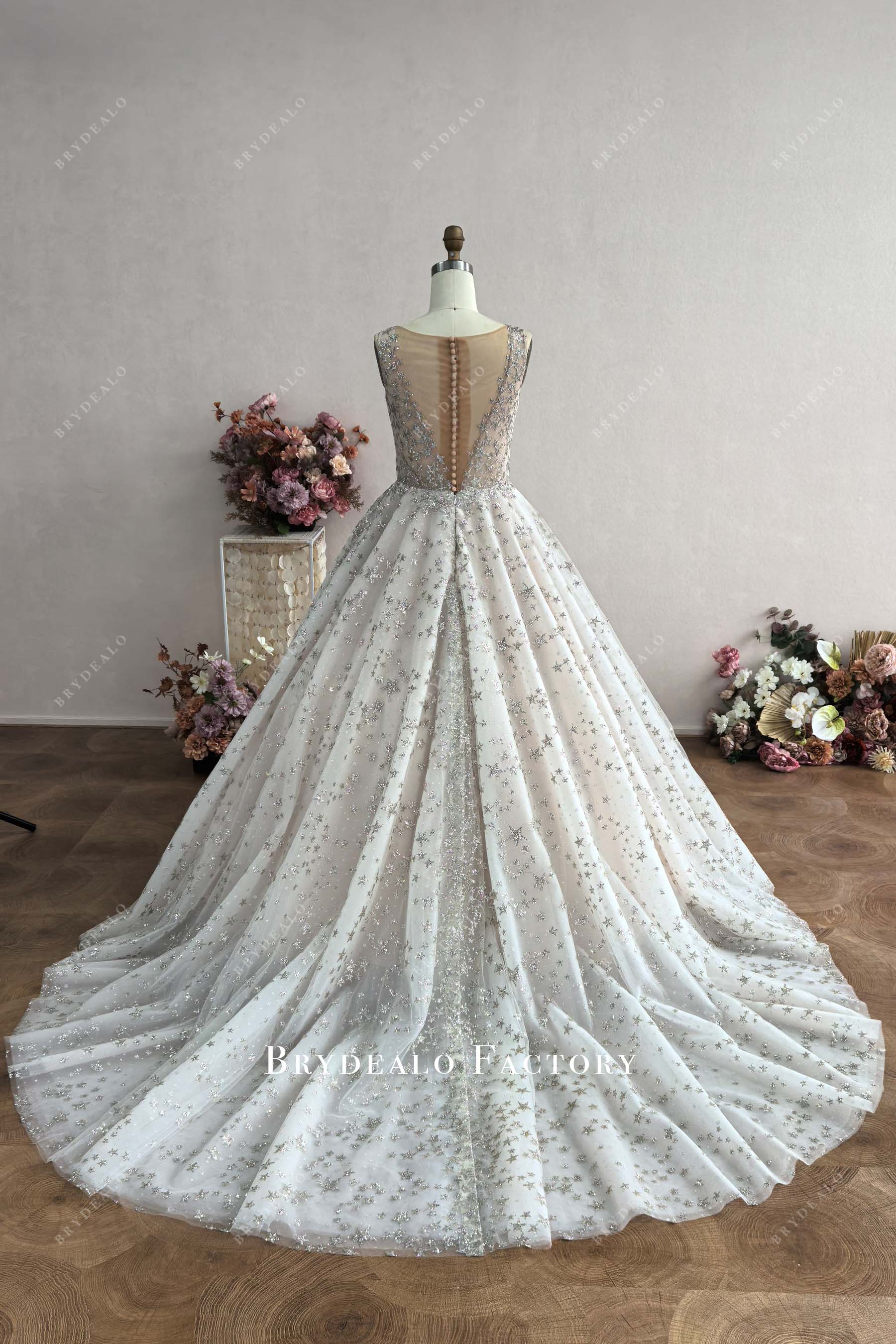 illusion back sleeveless chapel train wedding dress