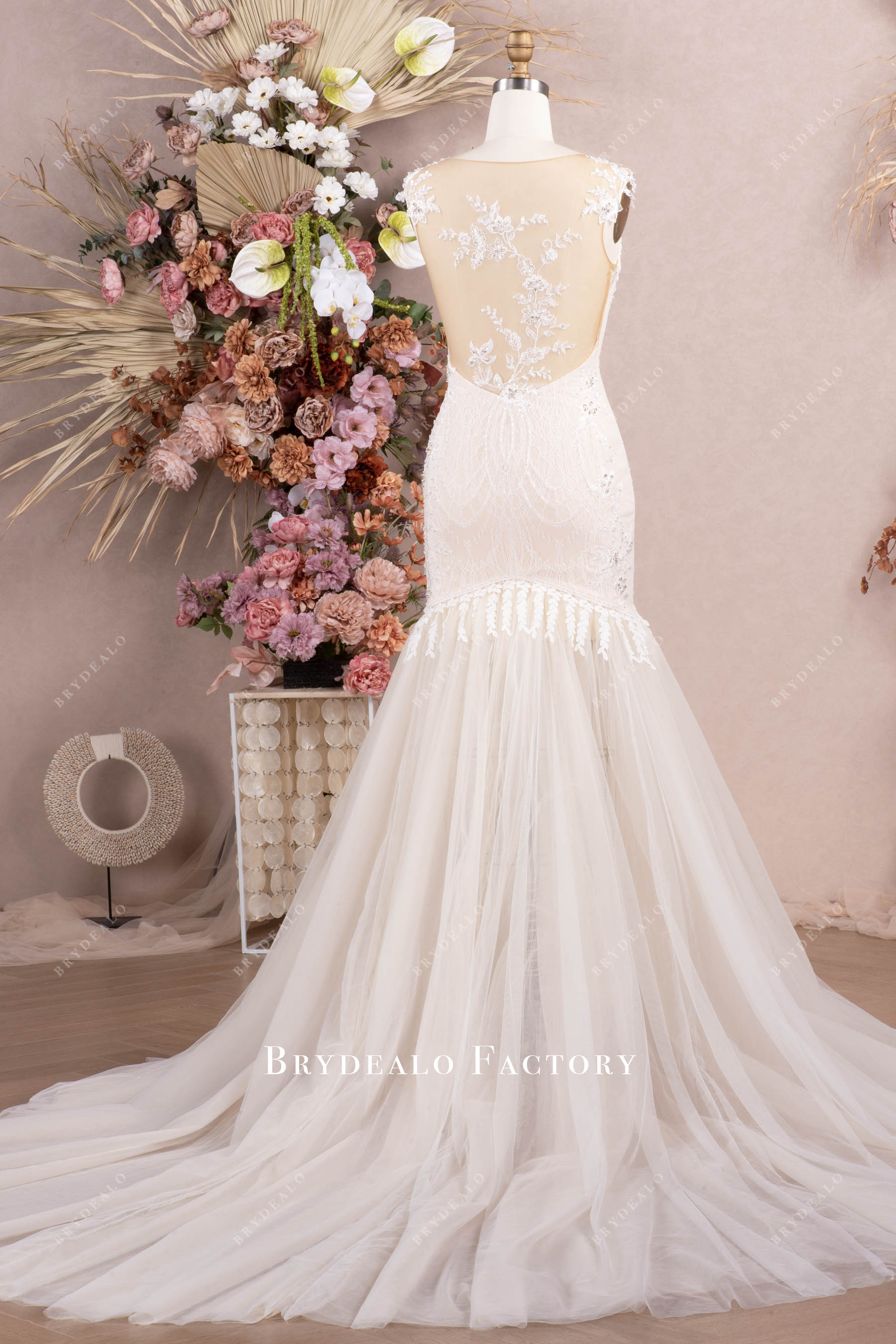 illusion back tassel wedding dress