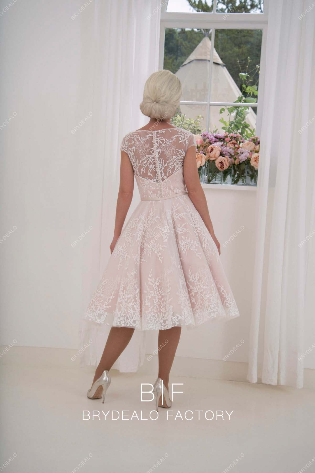 illusion back tea length casual wedding gown