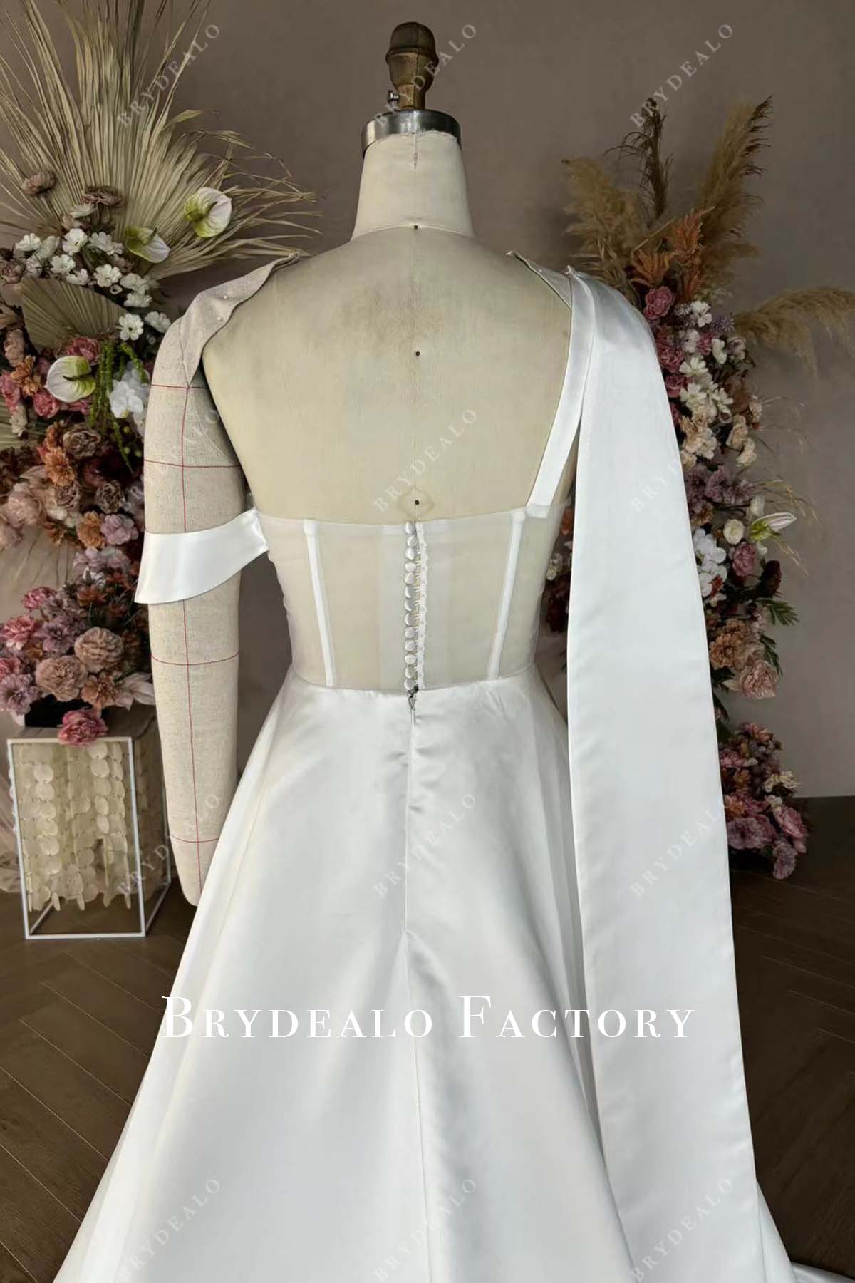 Private Label Custom Flowers One Shoulder Satin Wedding Dress