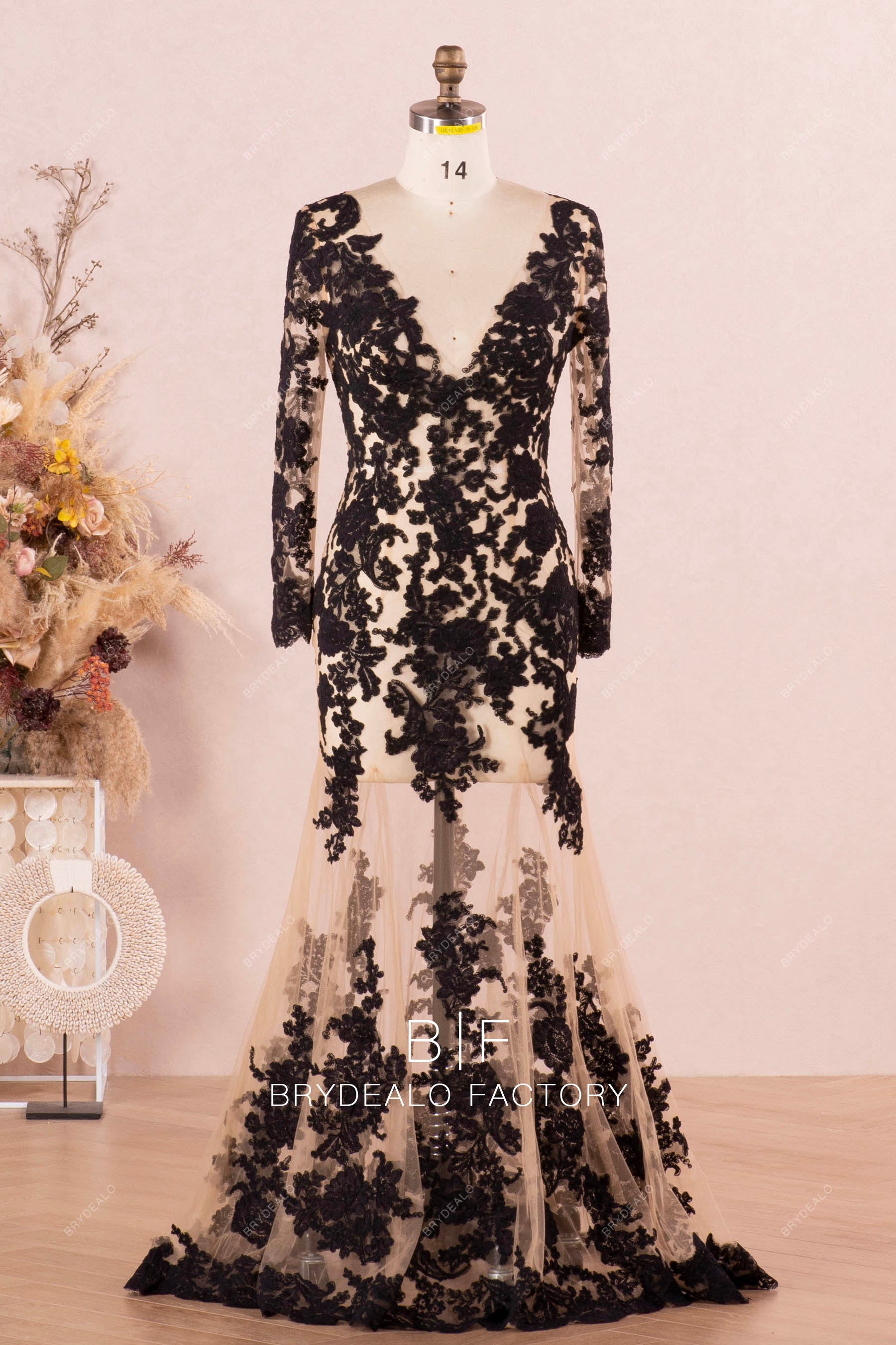 Black Lace Sheer Plunging Mermaid Bridal Dress Black Black Lace Sheer Plunging Mermaid Bridal Dress Black