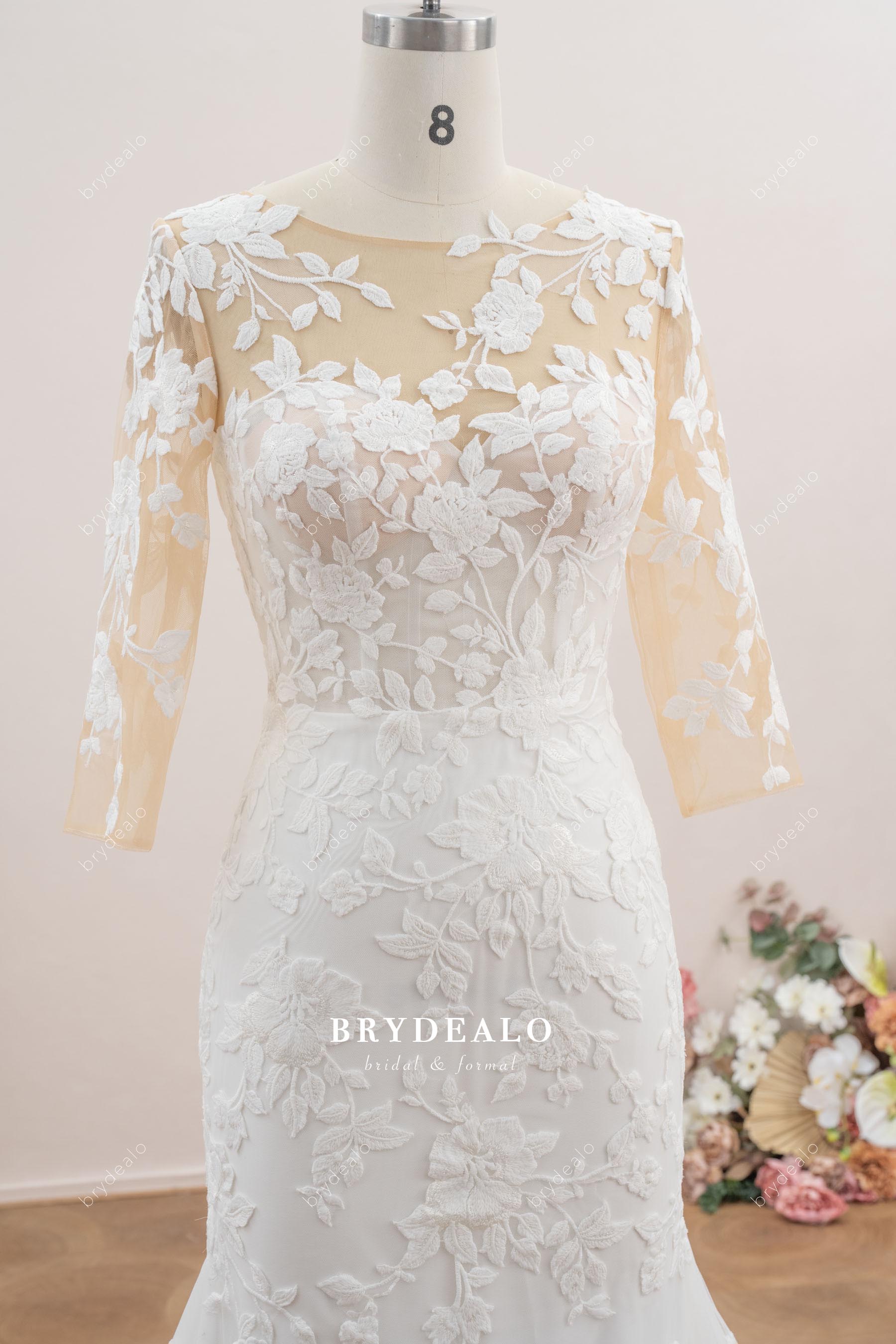 illusion boat 3/4 sleeve wedding dress