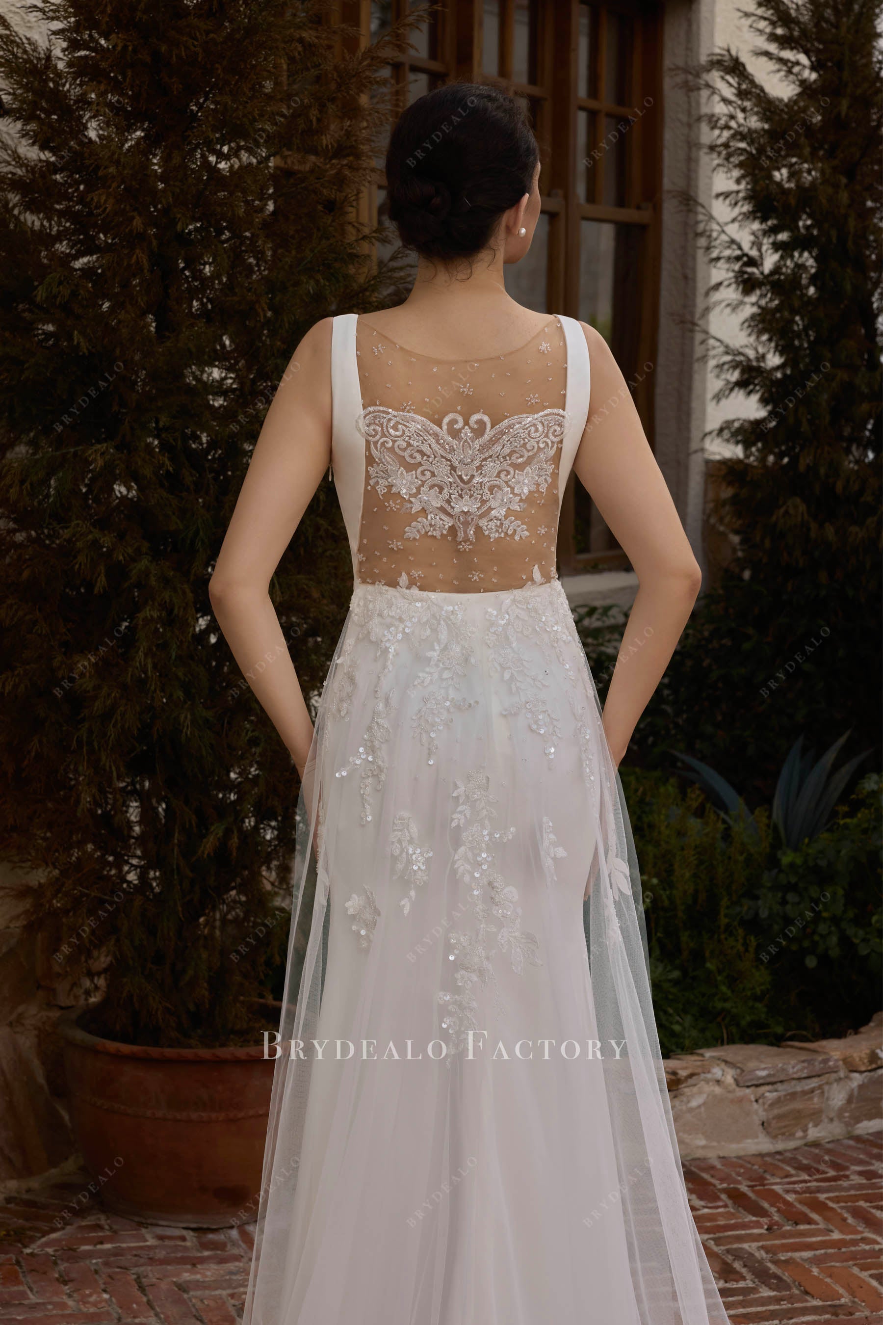 Simple Beaded Butterfly Back Overskirt Crepe Wedding Dress Simple Beaded Butterfly Back Overskirt Crepe Wedding Dress
