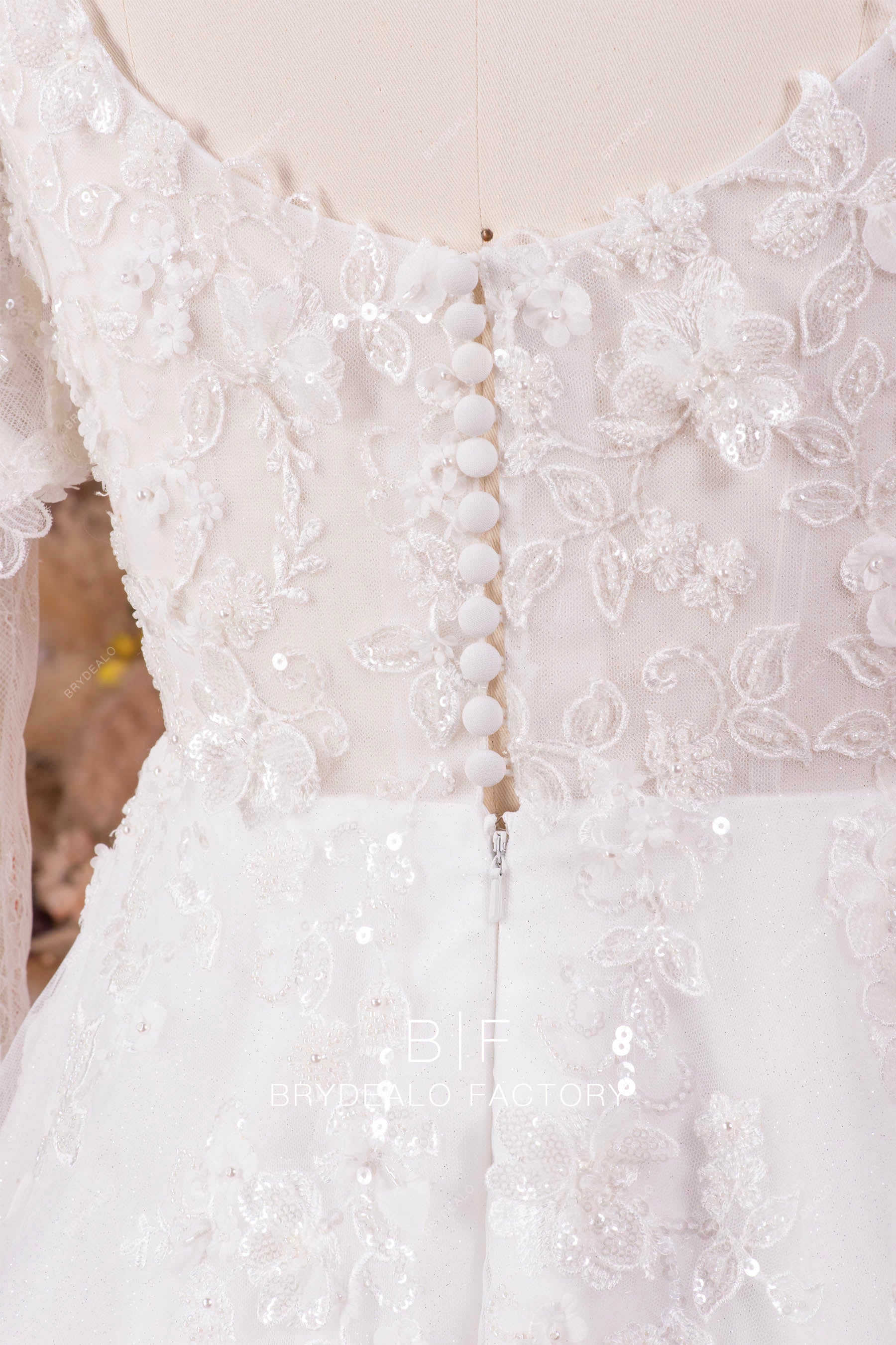 Private Label Beaded Lace Puffy Sleeves Custom Wedding Ball Gown