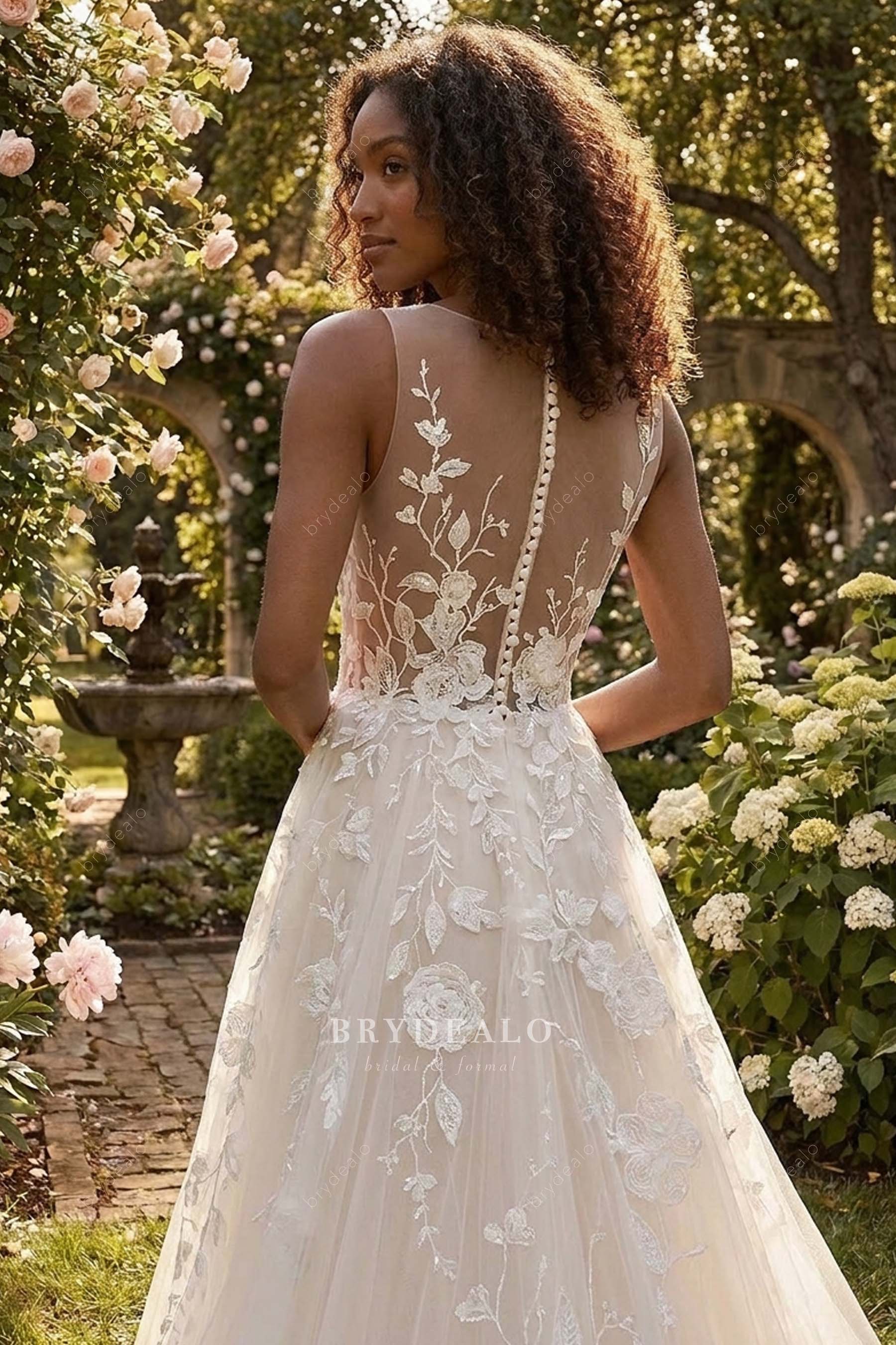 illusion buttoned back lace wedding dress
