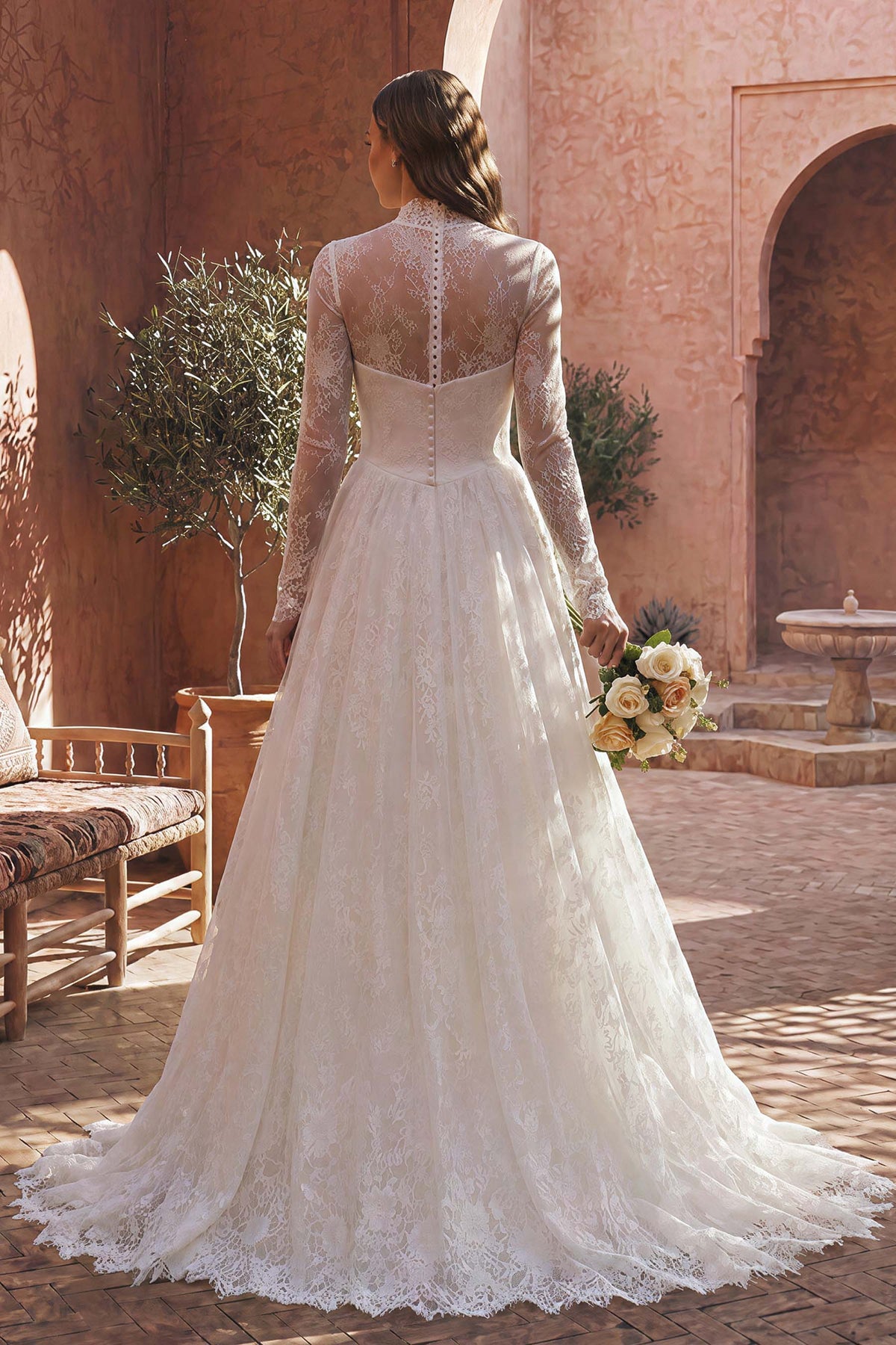 illusion buttoned back lace wedding dress