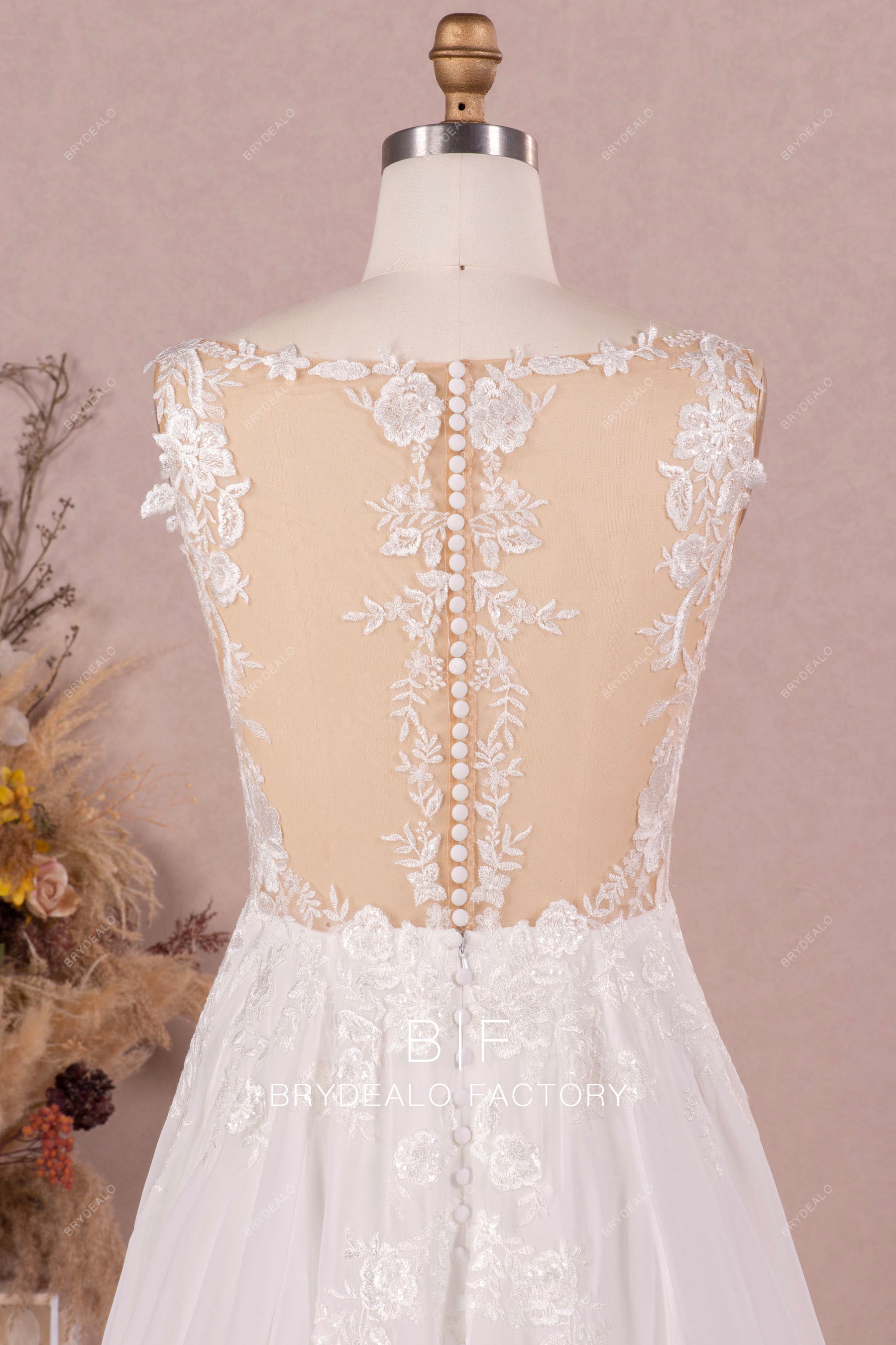 illusion buttoned back lace wedding dress