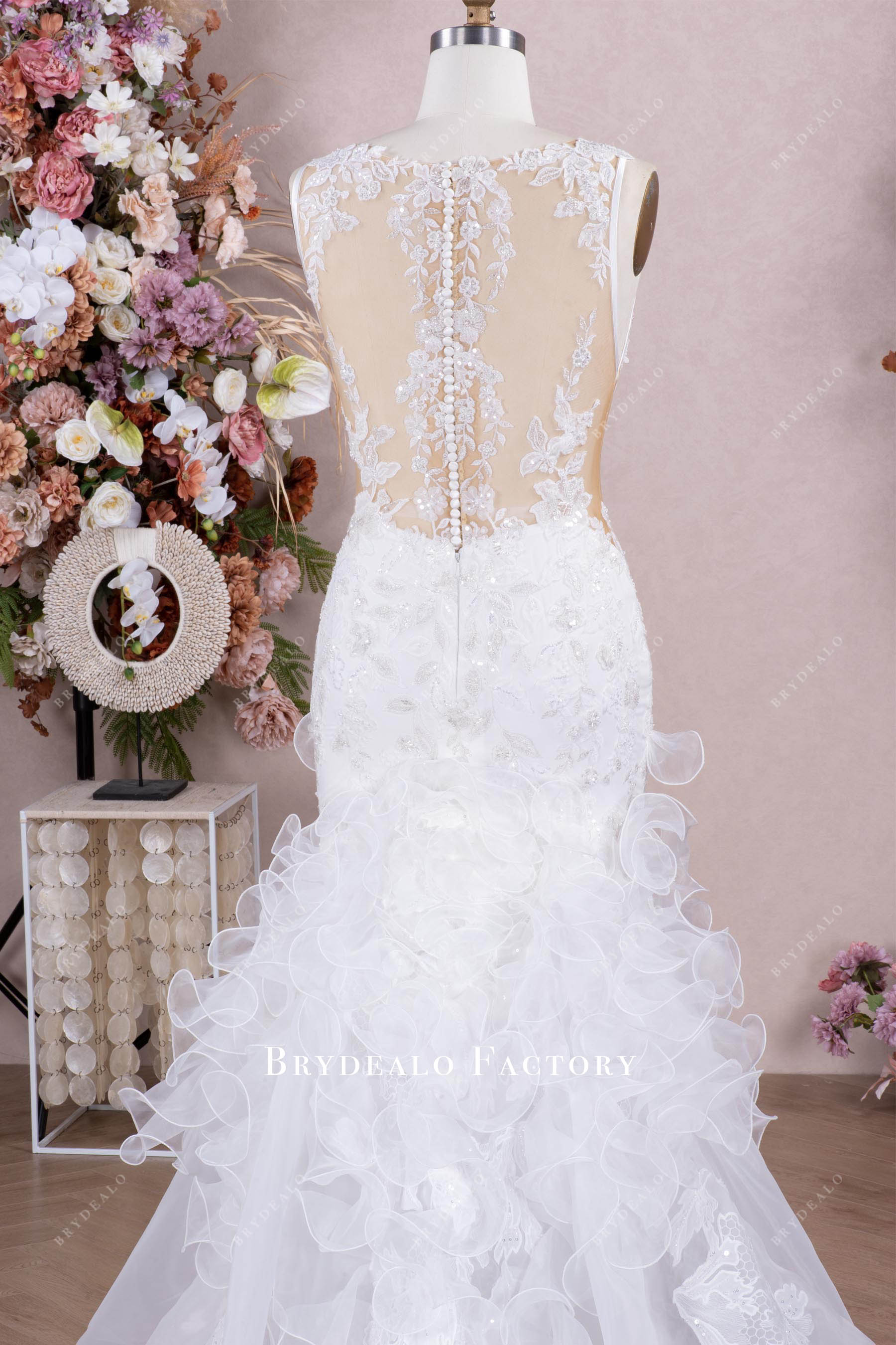 illusion buttoned lace back bridal gown