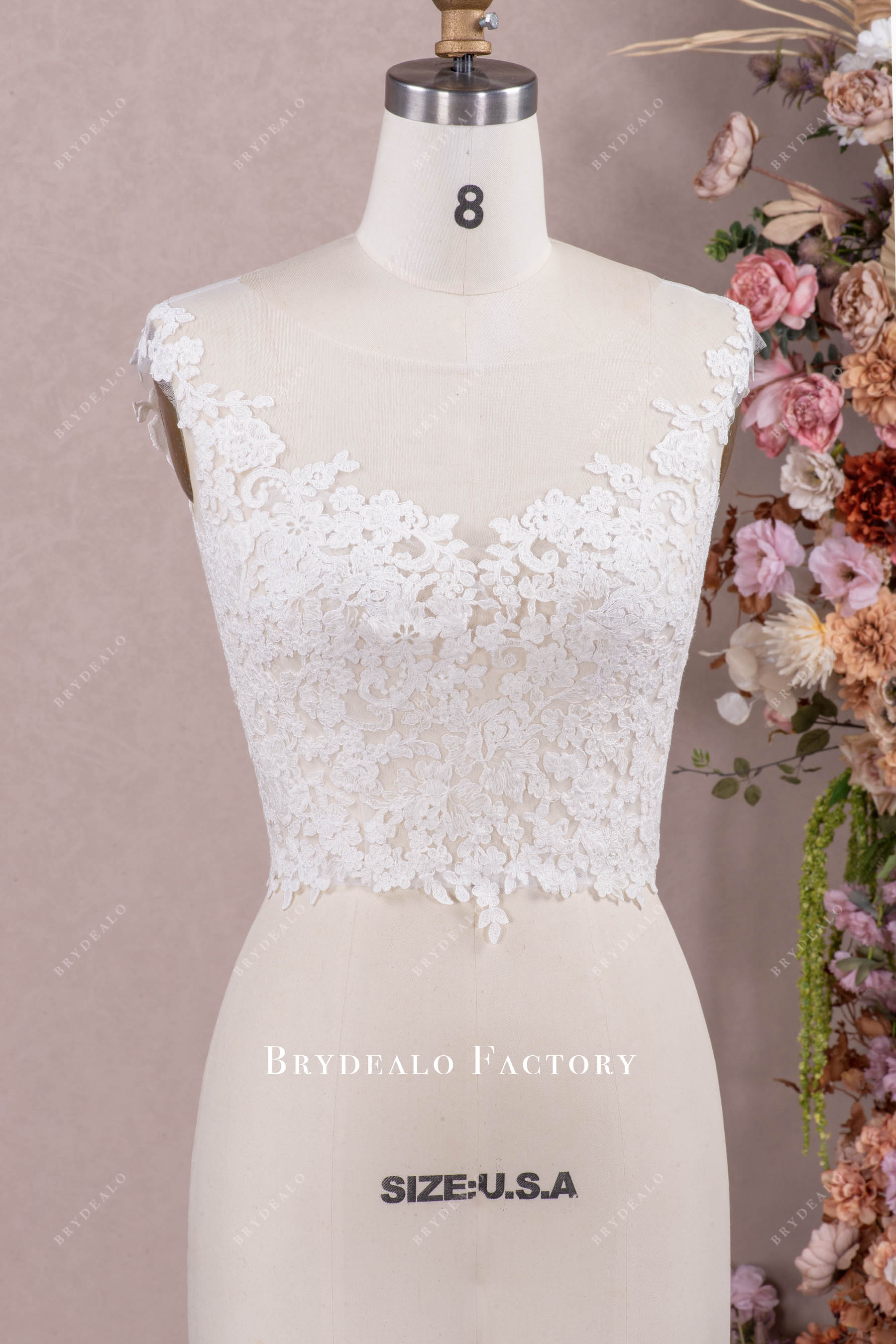 Illusion Cap Sleeve Lace Buttoned Back Bridal Top Illusion Cap Sleeve Lace Buttoned Back Bridal Top
