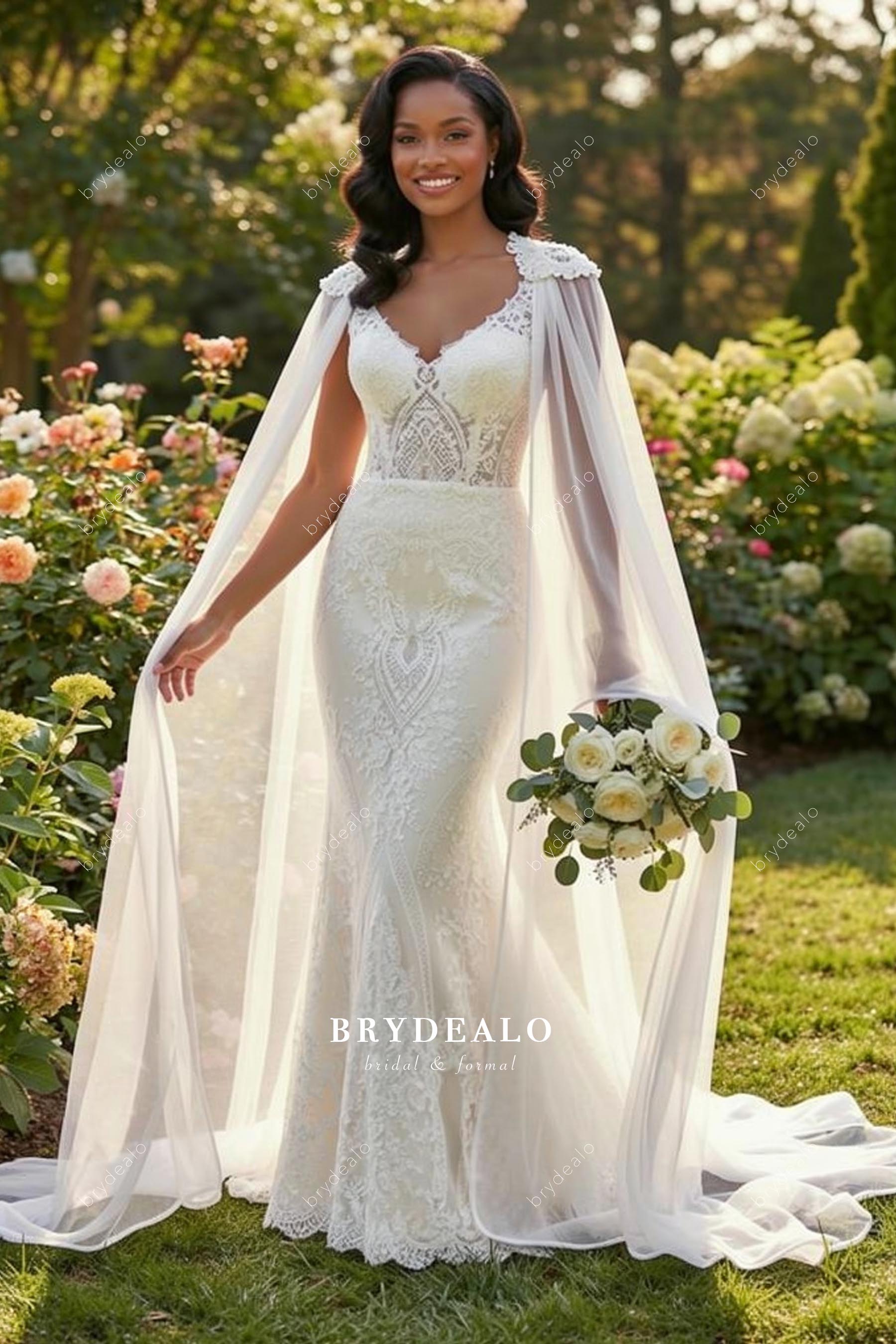 chinese dress ladies Lace V-Neck Mermaid See-Through Cape Chapel Train Wedding Dress