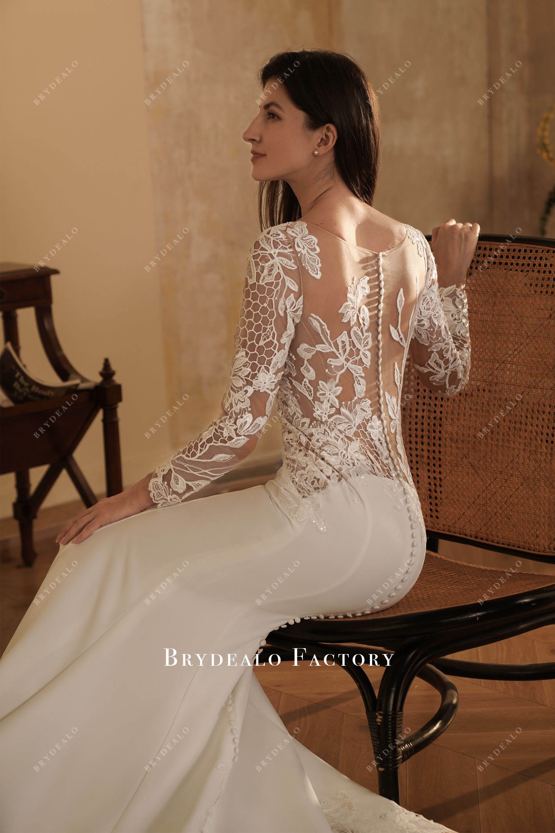 illusion flower lace back wedding dress